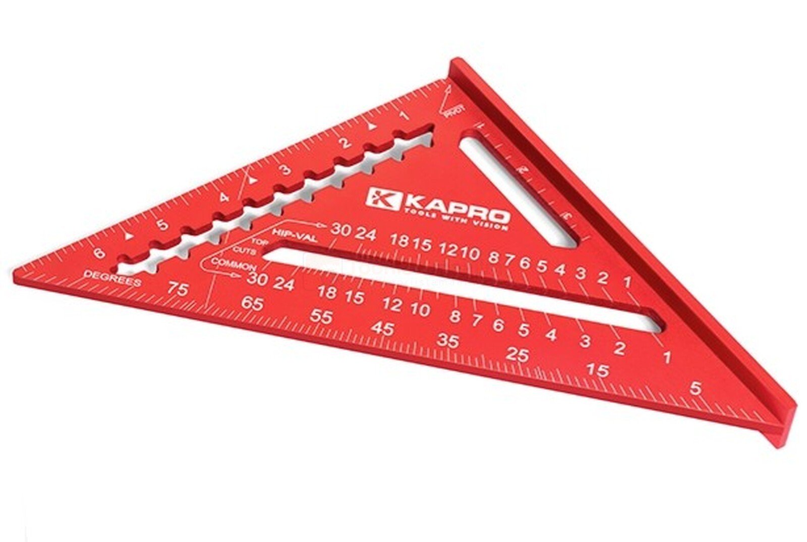 Pildil on punane Kapro puusepa nurgik, millel on mõõtühikud ja nurgamõõtmise skaala.