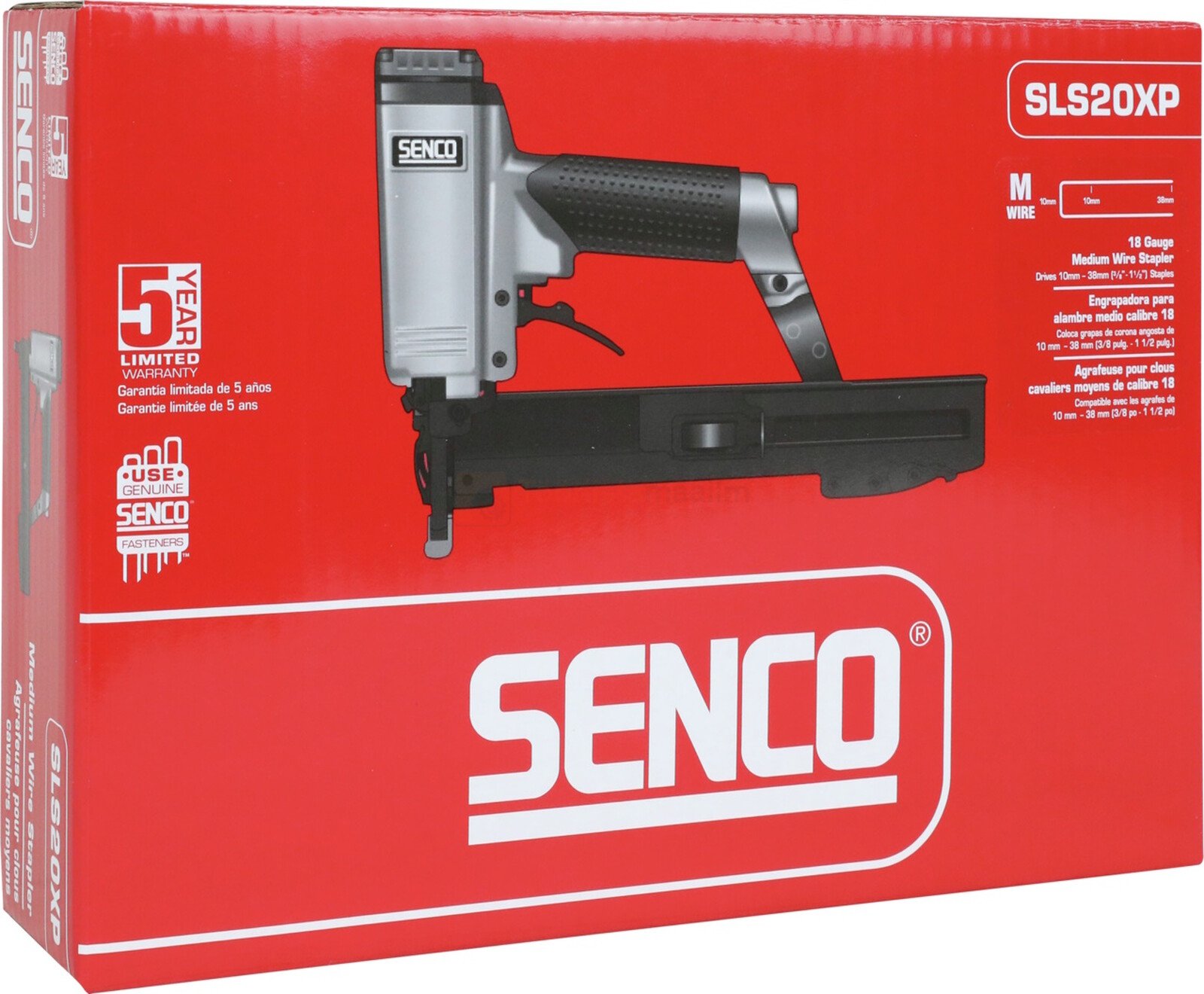 Pildil on punasel taustal SENCO klambripüstoli SLS20XP karp, millel on kujutatud tööriista ennast.