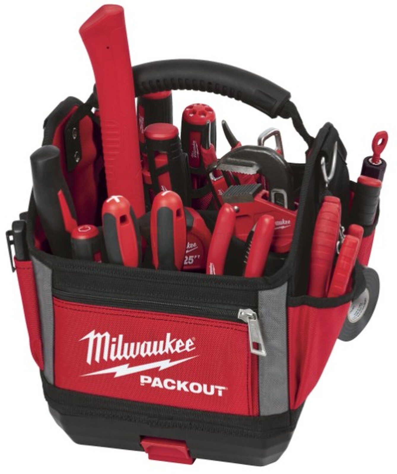 Pildil on Milwaukee PACKOUT™ 25cm kandekott tööriistadele, mis on täidetud erinevate punaste ja mustade tööriistadega.
