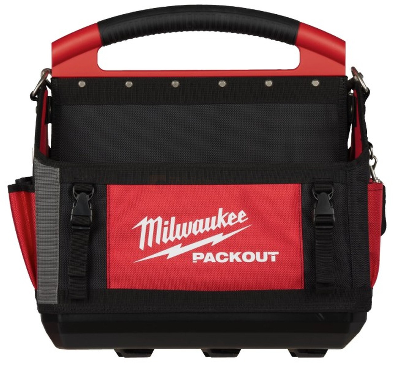 Pildil on Milwaukee PACKOUT™ 40cm kandekott tööriistadele, millel on punane ja must värvilahendus, käepide ning mitmed...