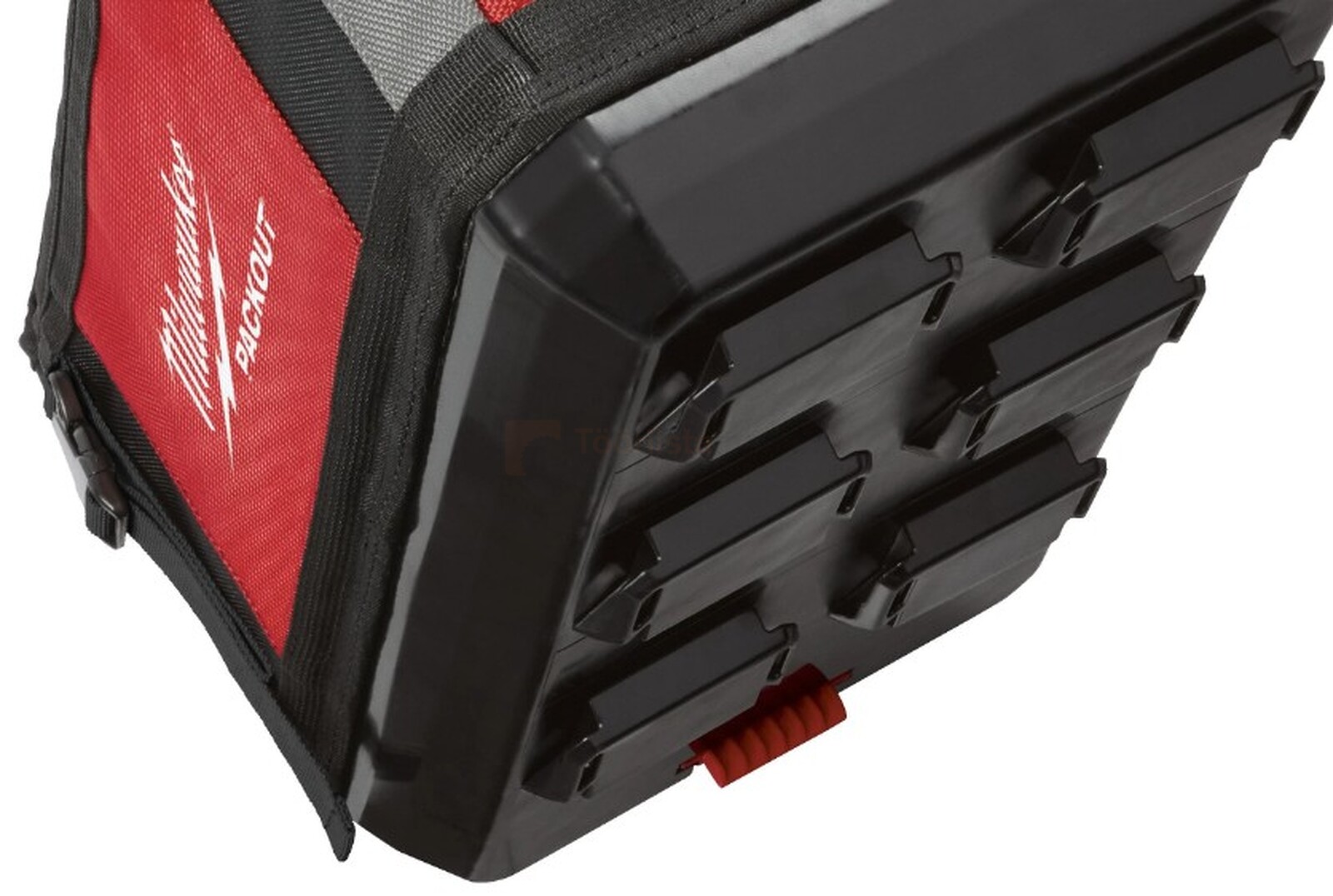 Pildil on Milwaukee PACKOUT™ 40cm kandekoti alumine osa, mis näitab musta plastist alust ja punaseid kinnitusdetaile.