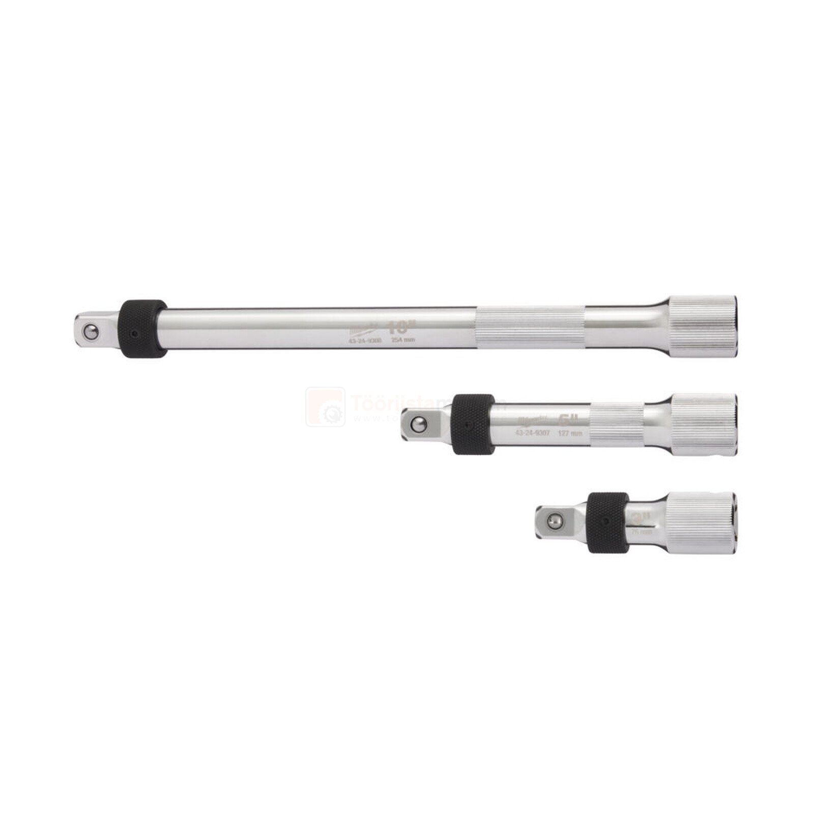 Pildil on Milwaukee pikenduste komplekt, mis sisaldab kolme erineva pikkusega 1/2" pikendust.