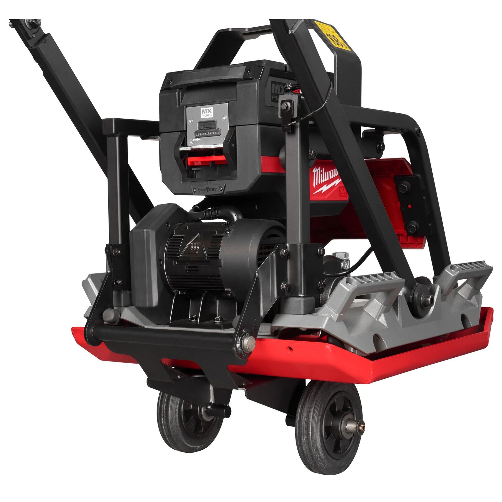 Pildil on Milwaukee rataste komplekt MXF PC50 akutoitel vibroplaadile, mis on varustatud ratastega ja käepidemega.