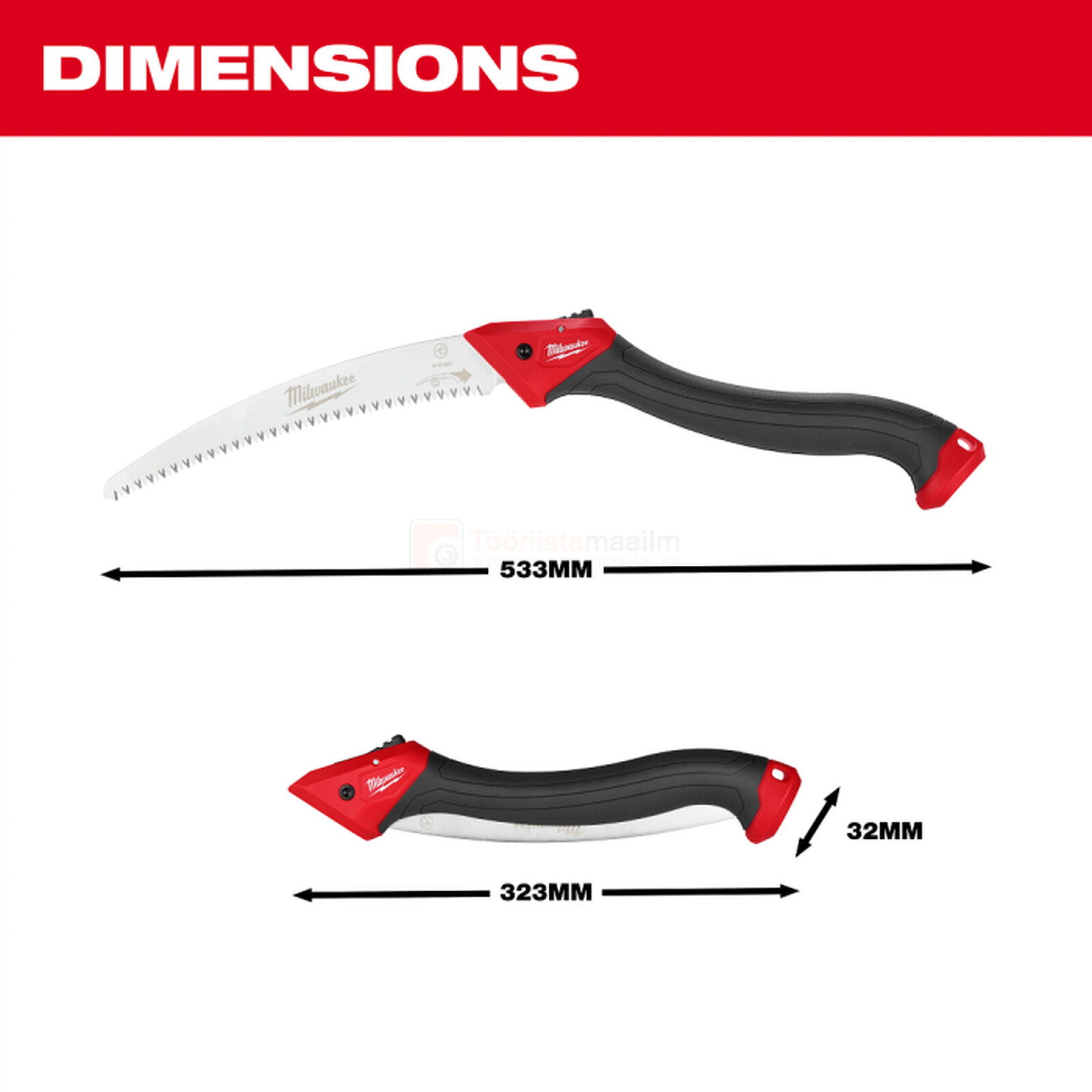 Pildil on Milwaukee 254 mm kokkuklapitava oksasae mõõtmed, mis on näidatud nii avatud kui ka kokkupandud asendis.