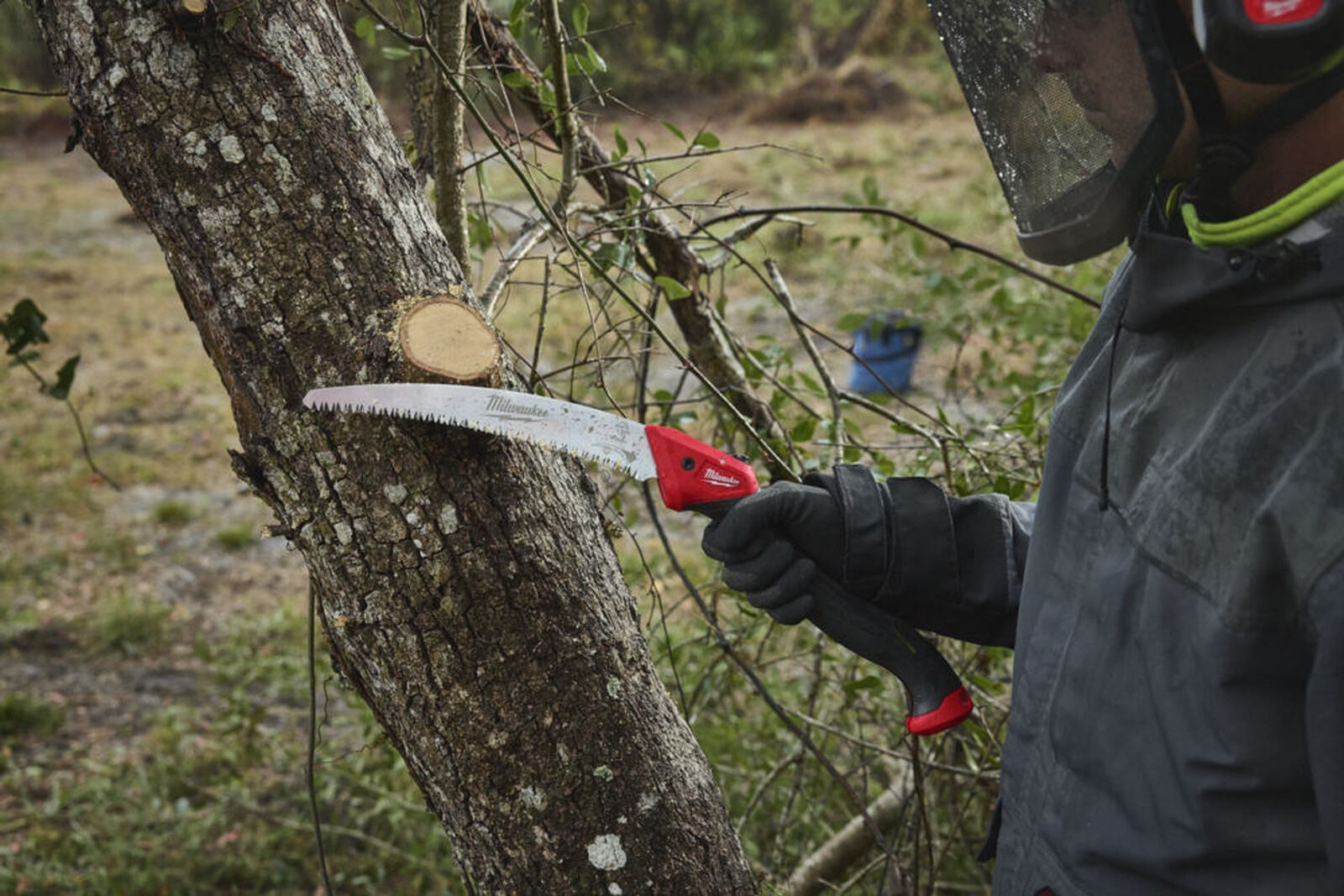 Pildil on näha, kuidas inimene kasutab Milwaukee 254 mm kokkuklapitavat oksasaagi puuoksa saagimiseks.