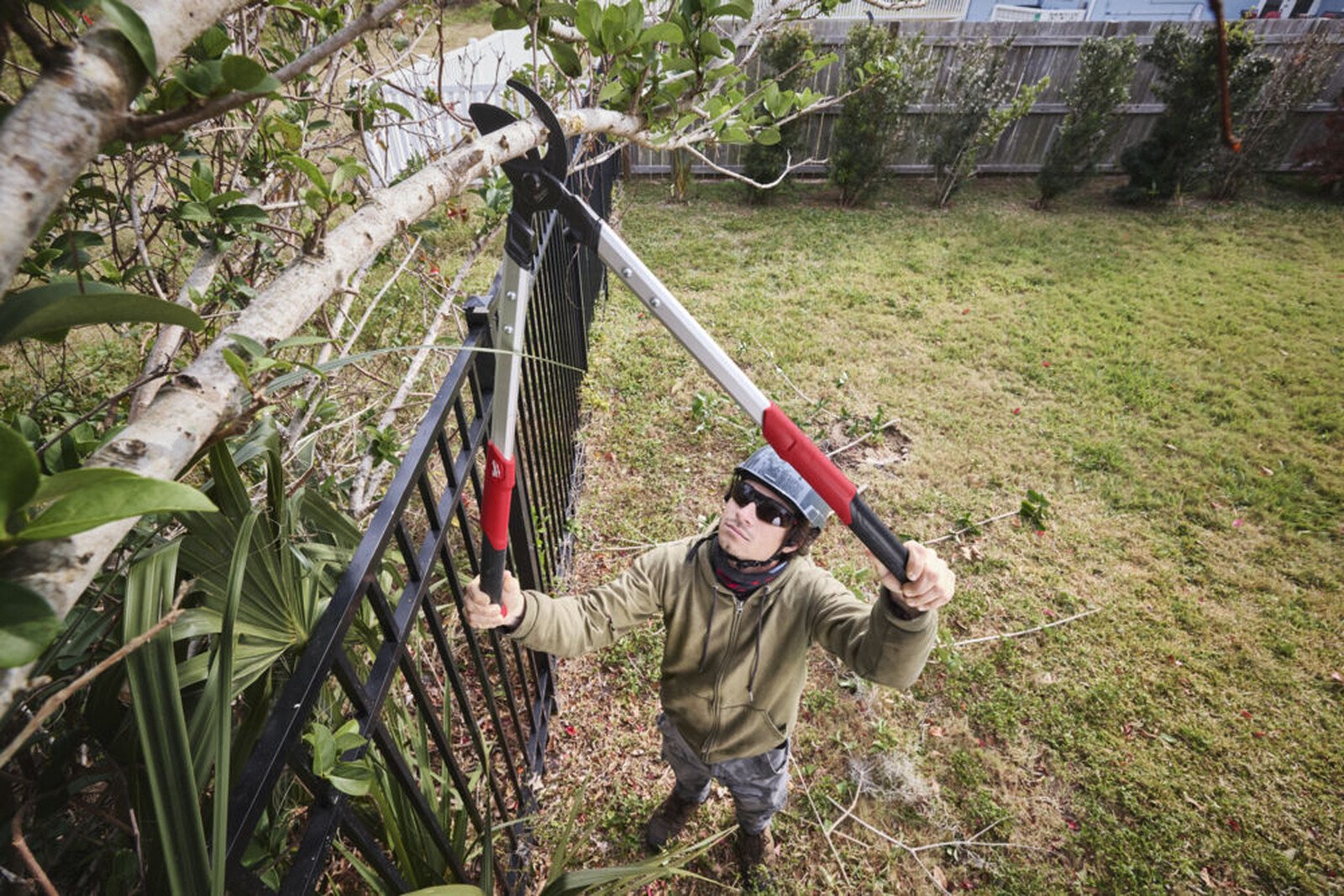 Pildil on näha inimene, kes kasutab Milwaukee oksalõikurit, et lõigata oksi üle aia.