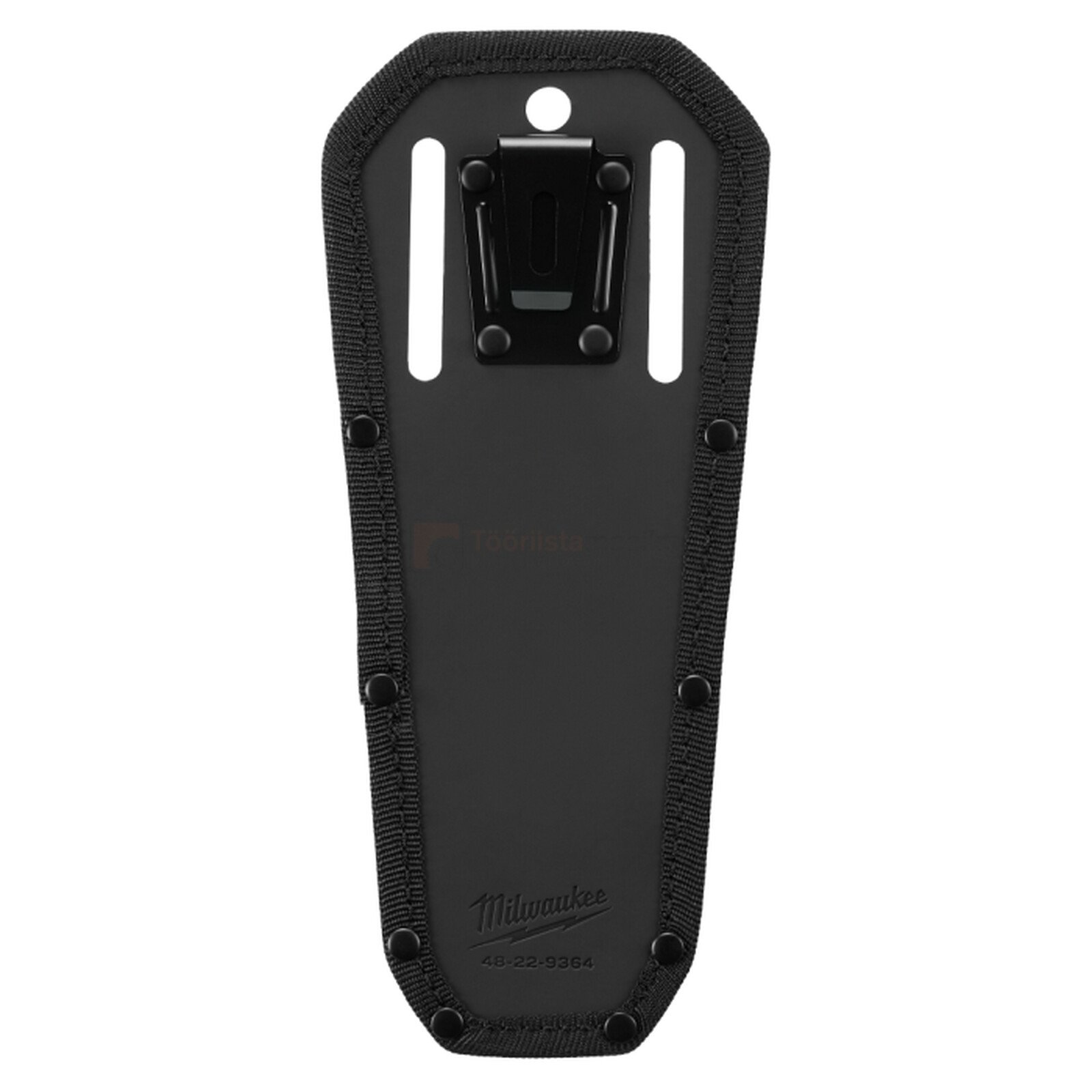 Pildil on must Milwaukee hoidik 19/25 mm oksakääridele, millel on rihmakinnitus ja kinnitusavad.