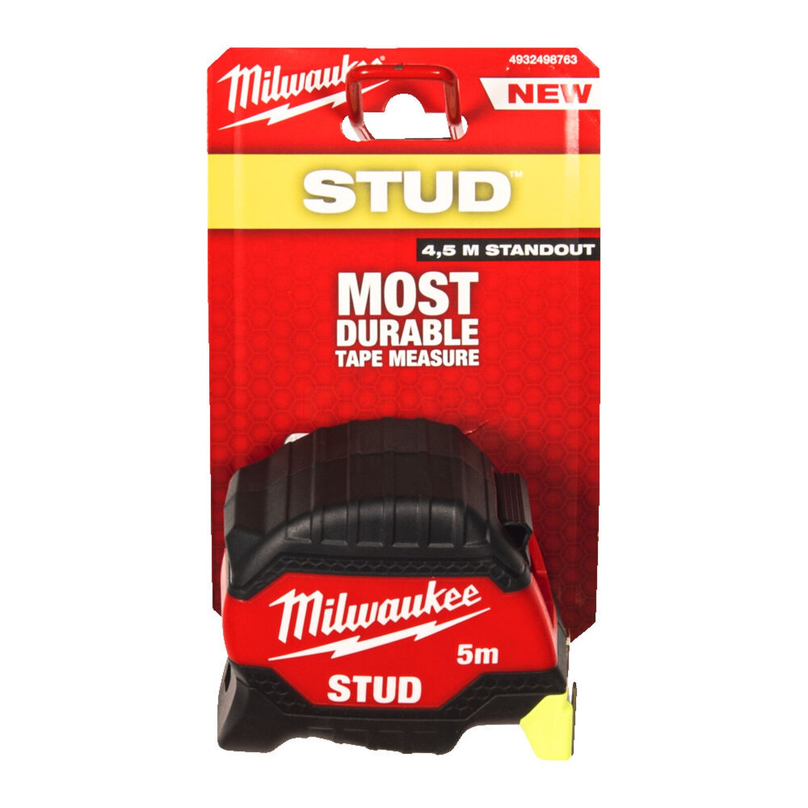 Pildil on Milwaukee STUD™ III mõõdulint, mis on pakendatud punasesse ja kollasesse pakendisse.
