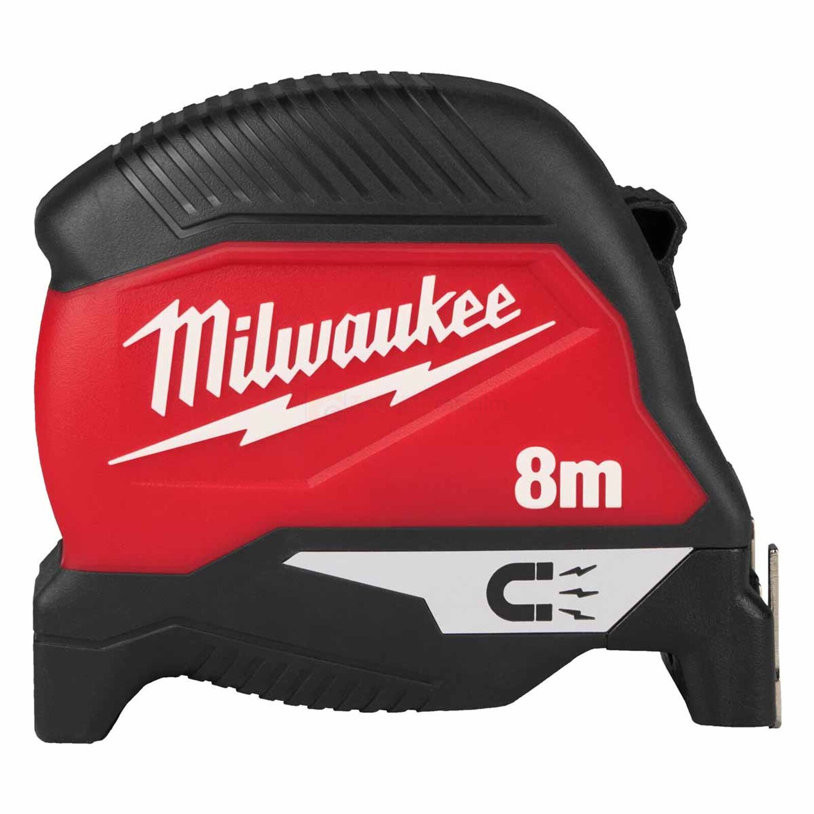 Pildil on punase ja musta värviga Milwaukee 8-meetrine magnetiga mõõdulint.