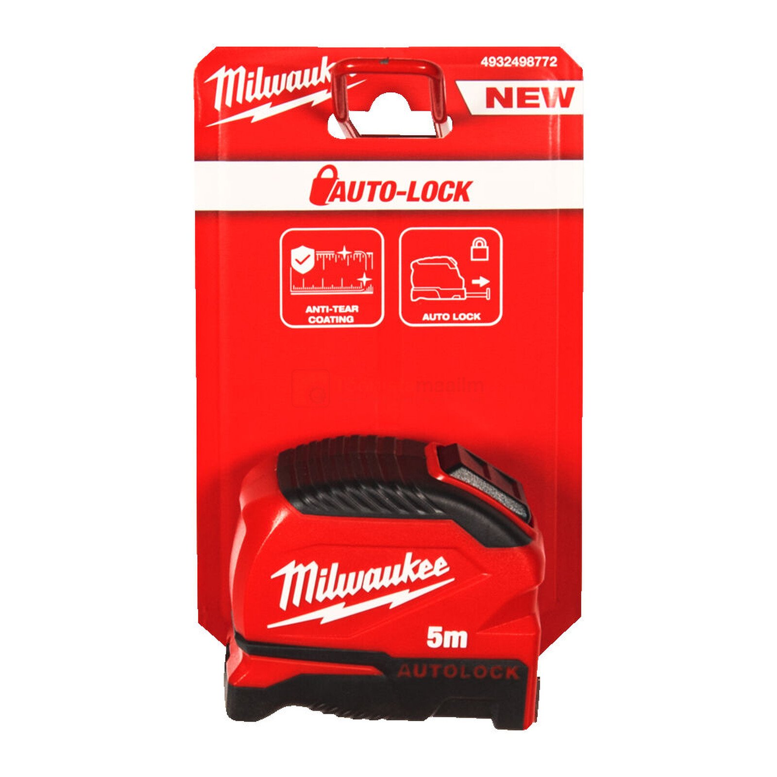 Pildil on punases pakendis Milwaukee Autolock 5 m x 25 mm mõõdulint.