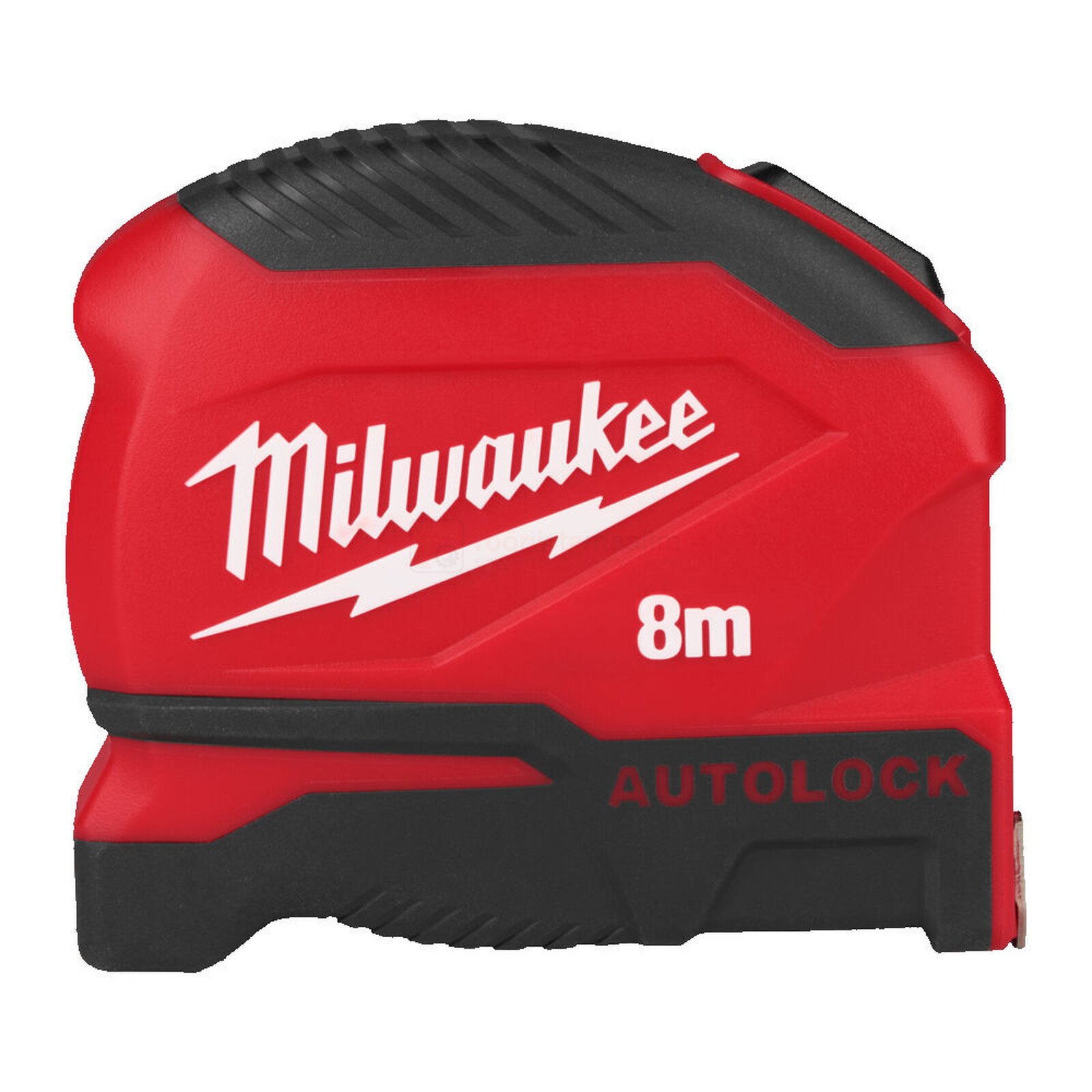 Pildil on punane ja must Milwaukee Autolock 8 m x 25 mm mõõdulint.