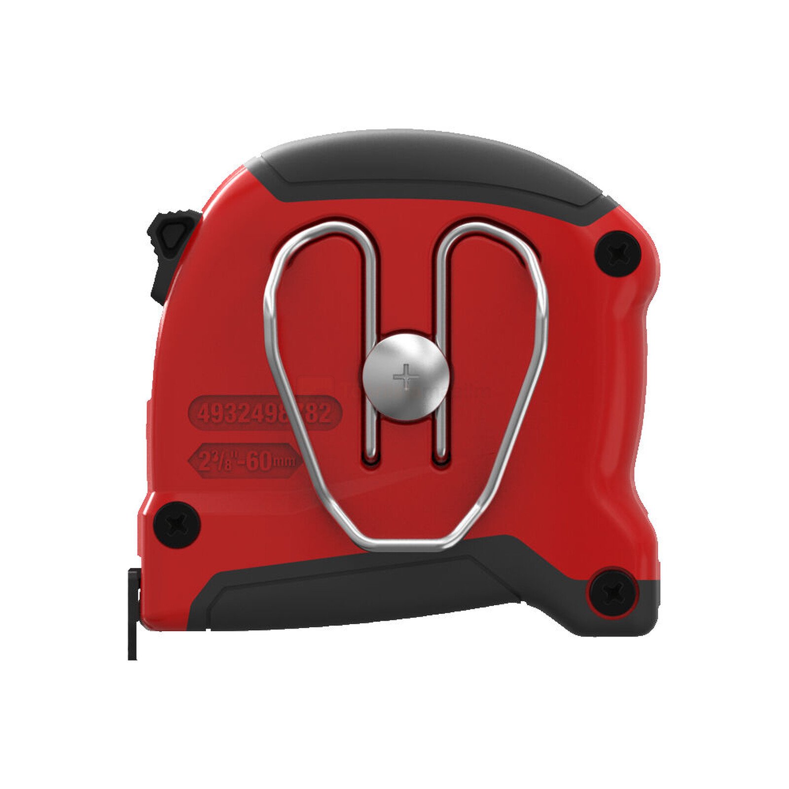 Pildil on punane Milwaukee kompaktne mõõdulint, millel on mustad detailid ja metallist klamber.