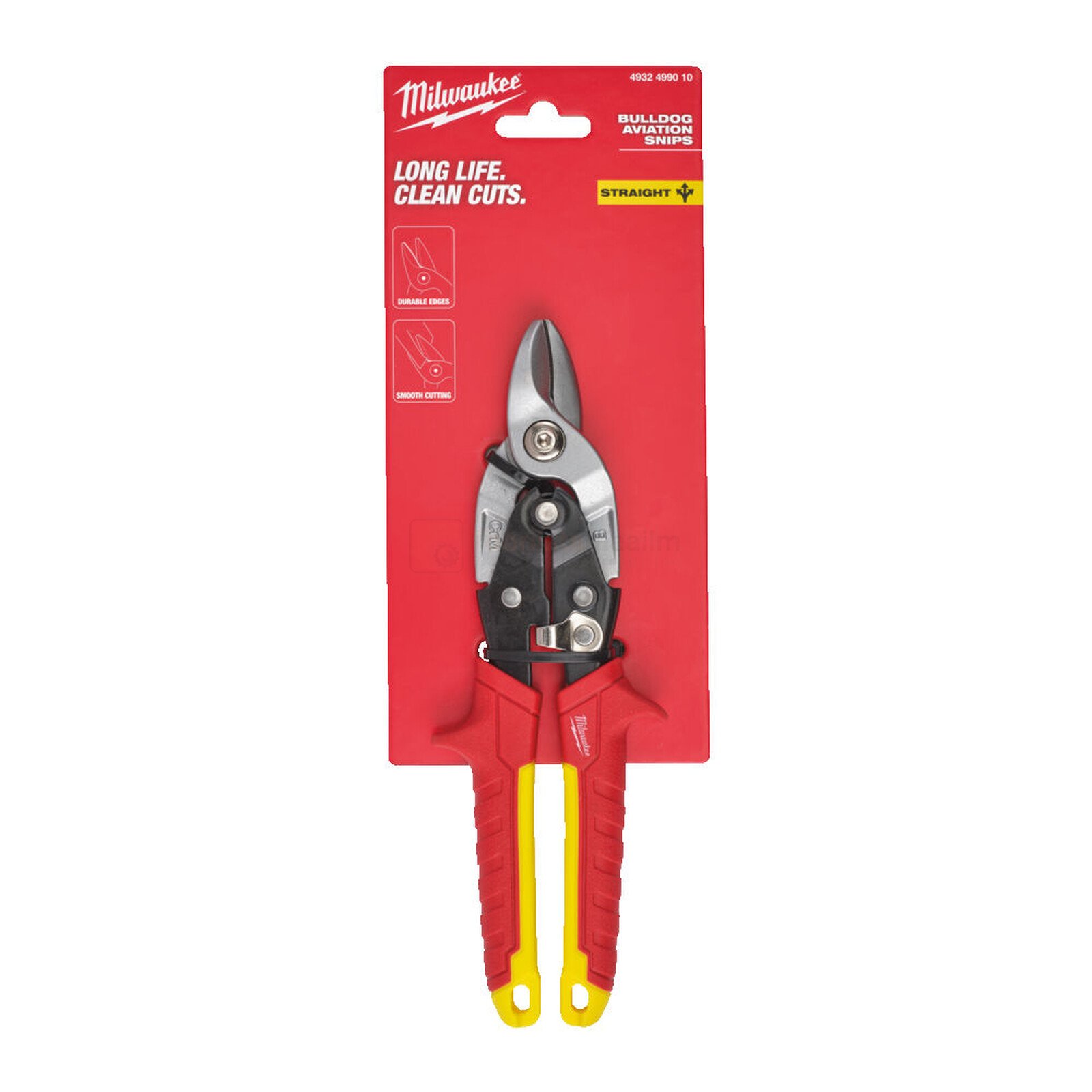 Pildil on Milwaukee tugevdatud plekikäärid, sirged, mis on pakitud punasele kaardile.