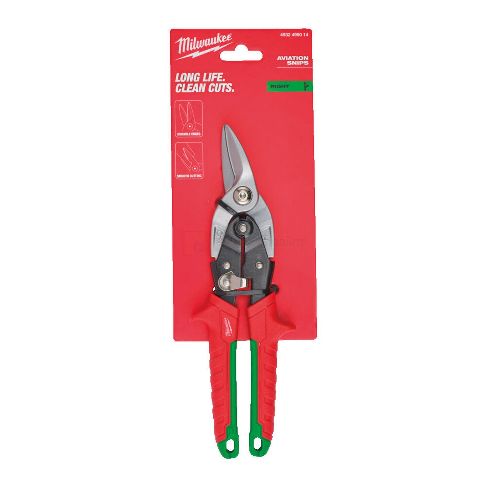 Pildil on Milwaukee plekikäärid, parem, mis on pakitud punasele kaardile.