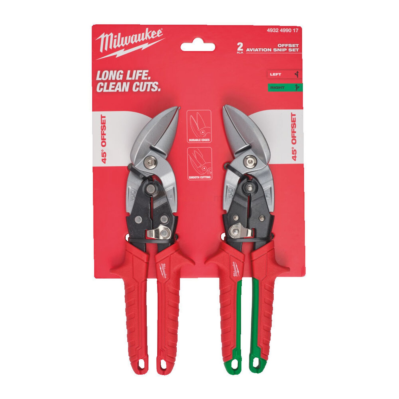 Pildil on Milwaukee nihkega plekikäärid, vasak ja parem, pakendis.