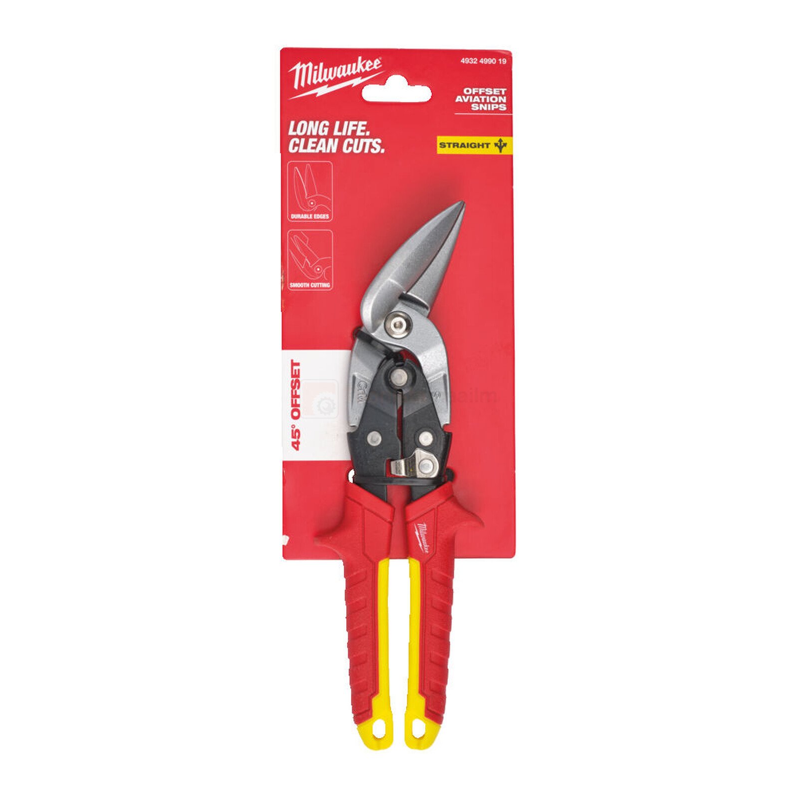 Pildil on Milwaukee nihkega plekikäärid, sirged, mis on pakitud punase ja kollase värviga pakendisse.