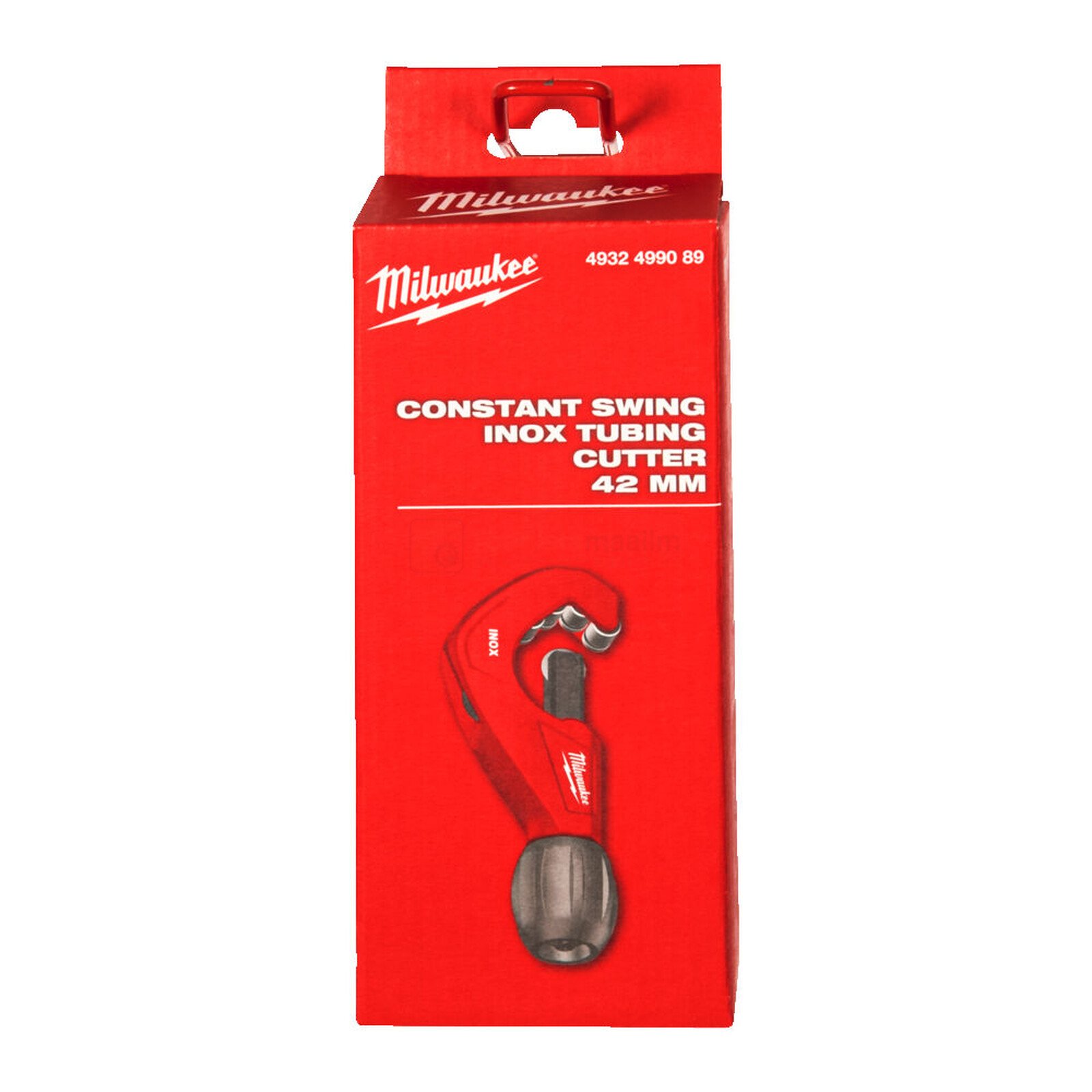 Pildil on punases pakendis Milwaukee torulõikur 3-42 mm INOX torudele, millel on näha ka lõikuri kujutis.