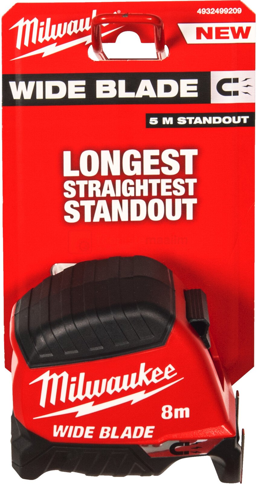 Pildil on punane Milwaukee mõõdulint, millel on kirjas "Wide Blade" ja "8m".