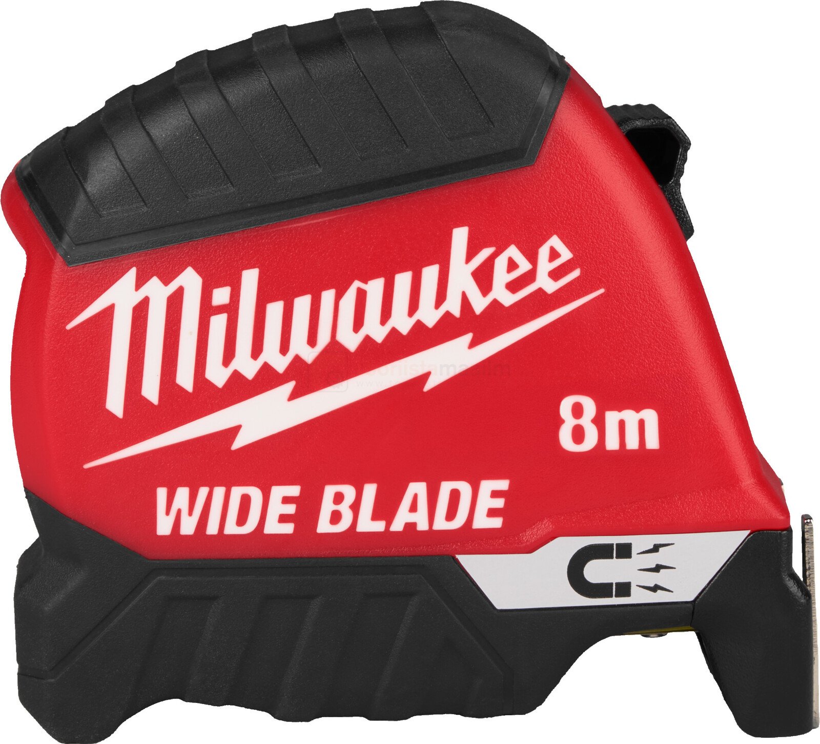 Pildil on punane ja must Milwaukee mõõdulint, millel on valge logo ja mis näitab 8 meetri pikkust mõõdulinti.
