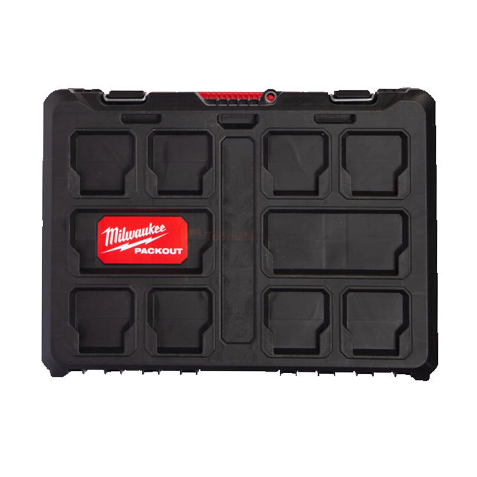 Pildil on must Milwaukee PACKOUT™ santehniku tööriistakohver, millel on erinevad sahtlid ja Milwaukee logo.