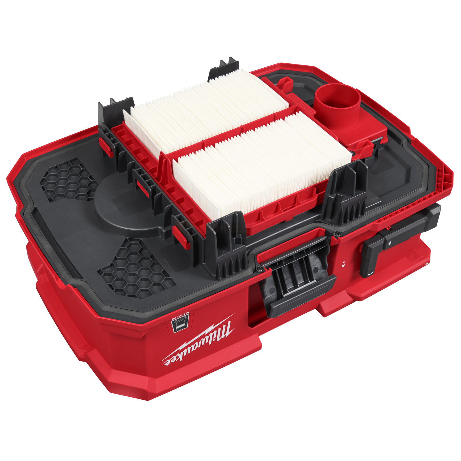 Pildil on Milwaukee tolmueraldaja, mis on mõeldud tolmuimejatele ning millel on näha filtreid ja ühenduskohti.