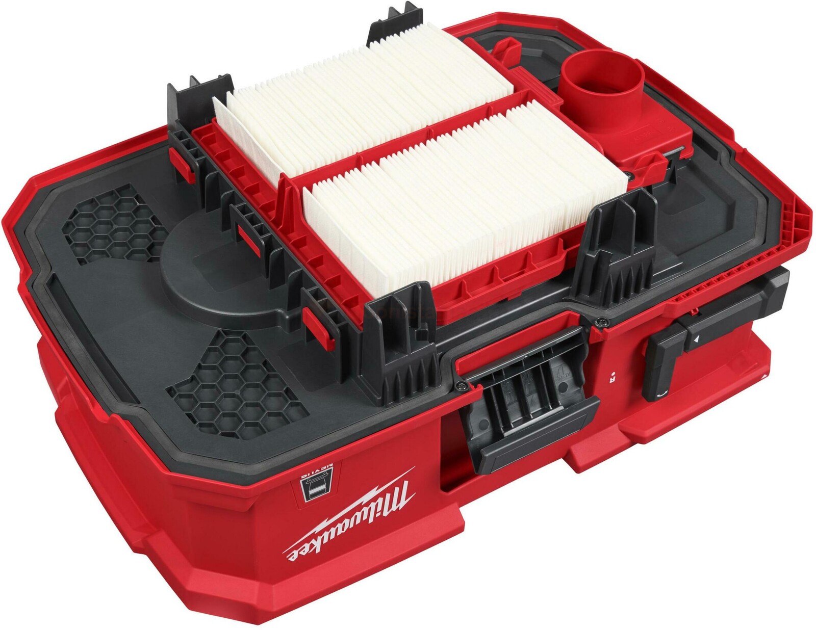 Pildil on Milwaukee filtripuhastusseade MVA-2, mis on mõeldud tolmuimejatele M18 F2VC23L / F2VC23LG2, näidates seadme...