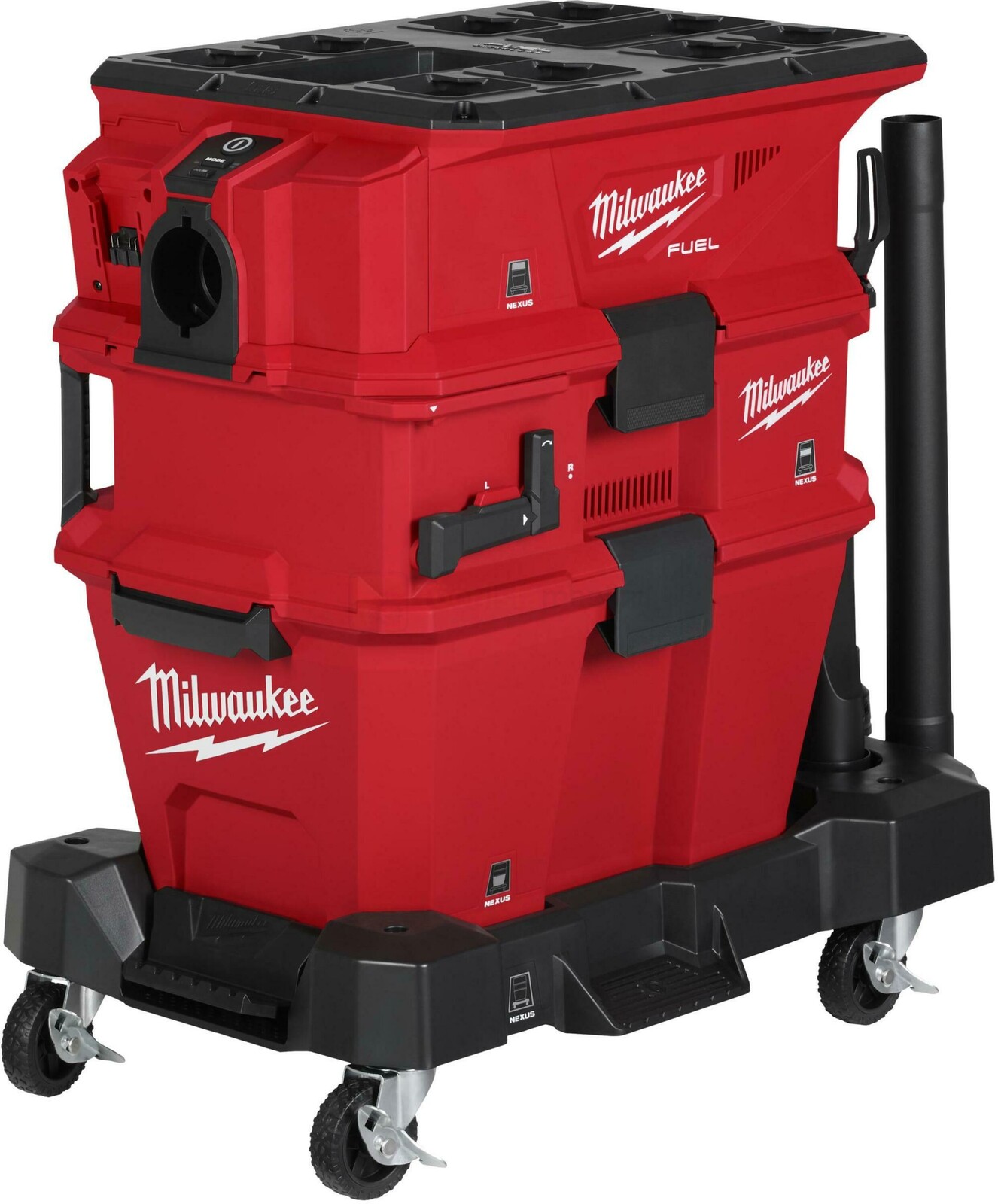 Pildil on punane Milwaukee filtripuhastusseade, mis on mõeldud tolmuimejatele ja millel on rattad.