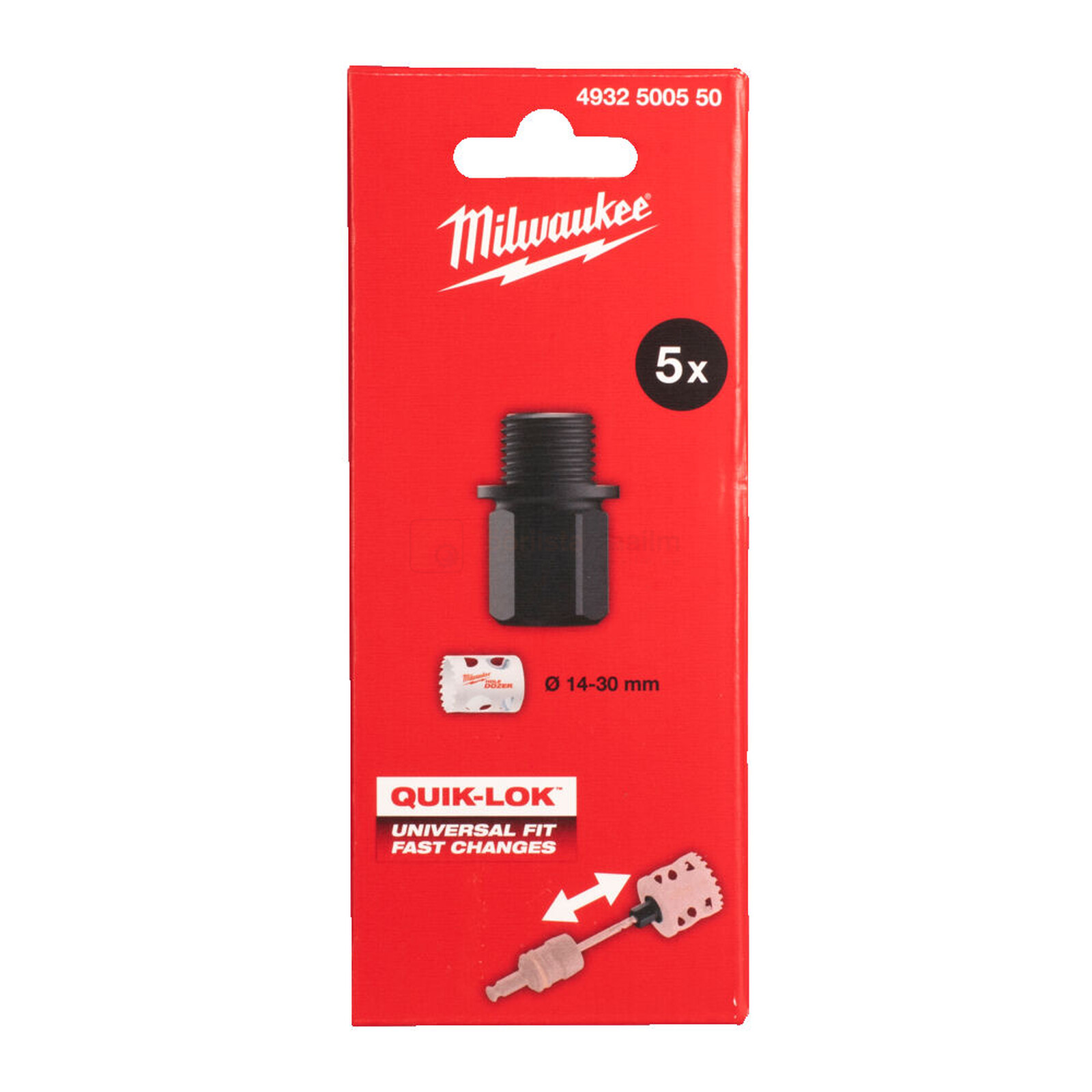 Pildil on Milwaukee augusae adapteri QUIK-LOK pakend, mis sisaldab viit adapterit ja on mõeldud 14-30 mm suurustele...