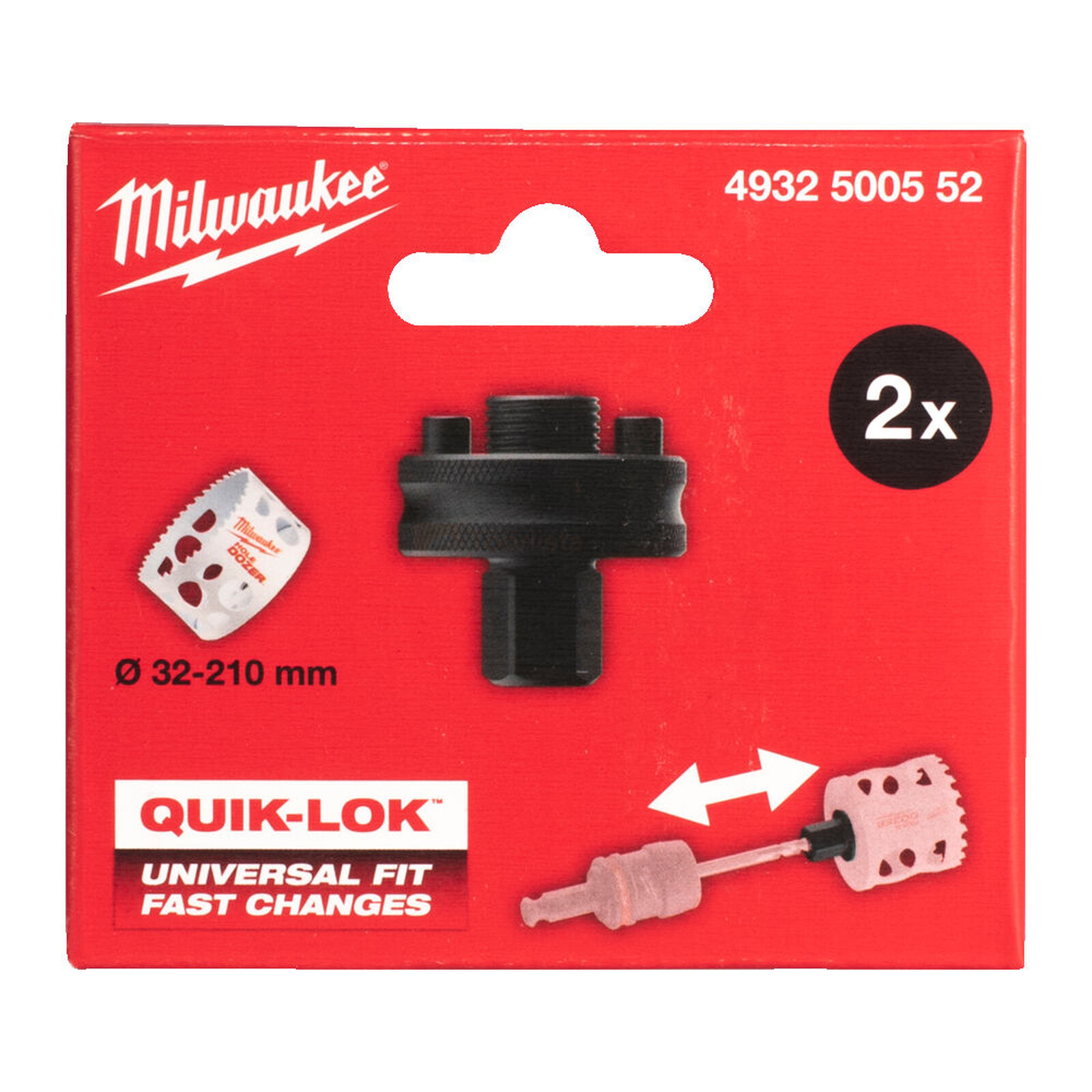 Pildil on Milwaukee augusae adapter QUIK-LOK XL 5/8" x 18 / 32-210 mm pakend, mis sisaldab kahte adapterit.