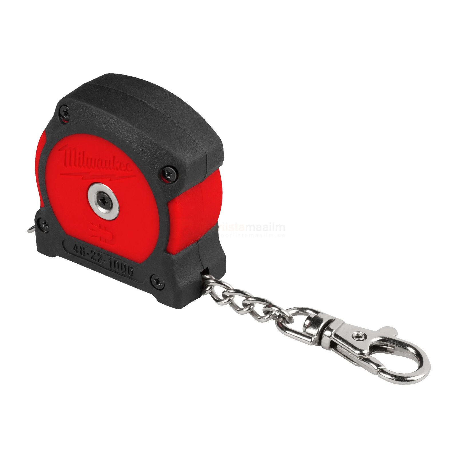 Pildil on Milwaukee mõõdulint torudele, mis on kinnitatud karabiiniga.