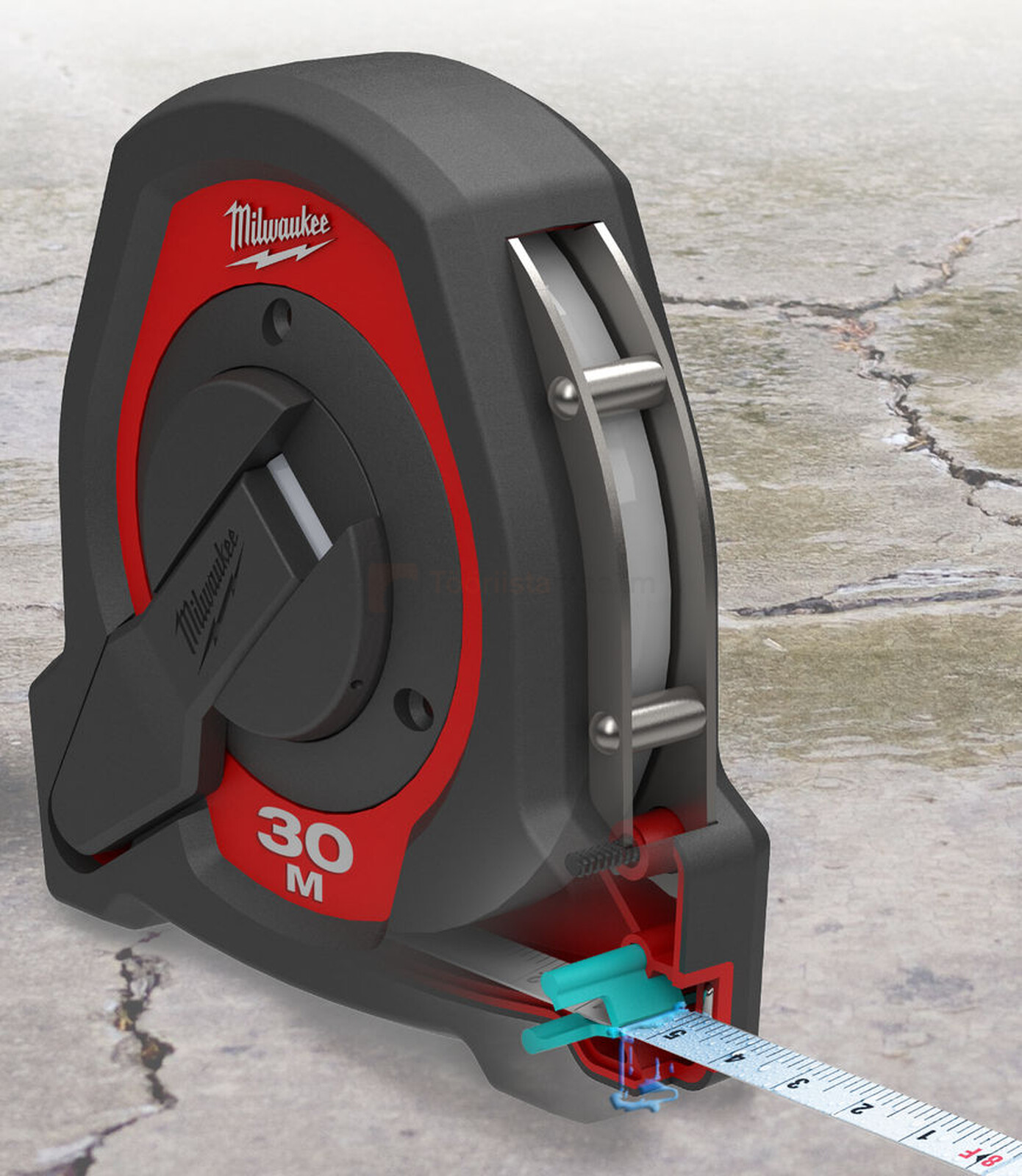 Pildil on Milwaukee 30 meetrine kinnine mõõdulint, millel on näha korpus, lint ja pidur.