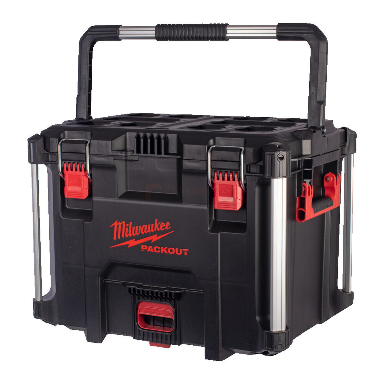 Pildil on must Milwaukee PACKOUT tööriistakast XL, millel on punased detailid ja metallist käepide.