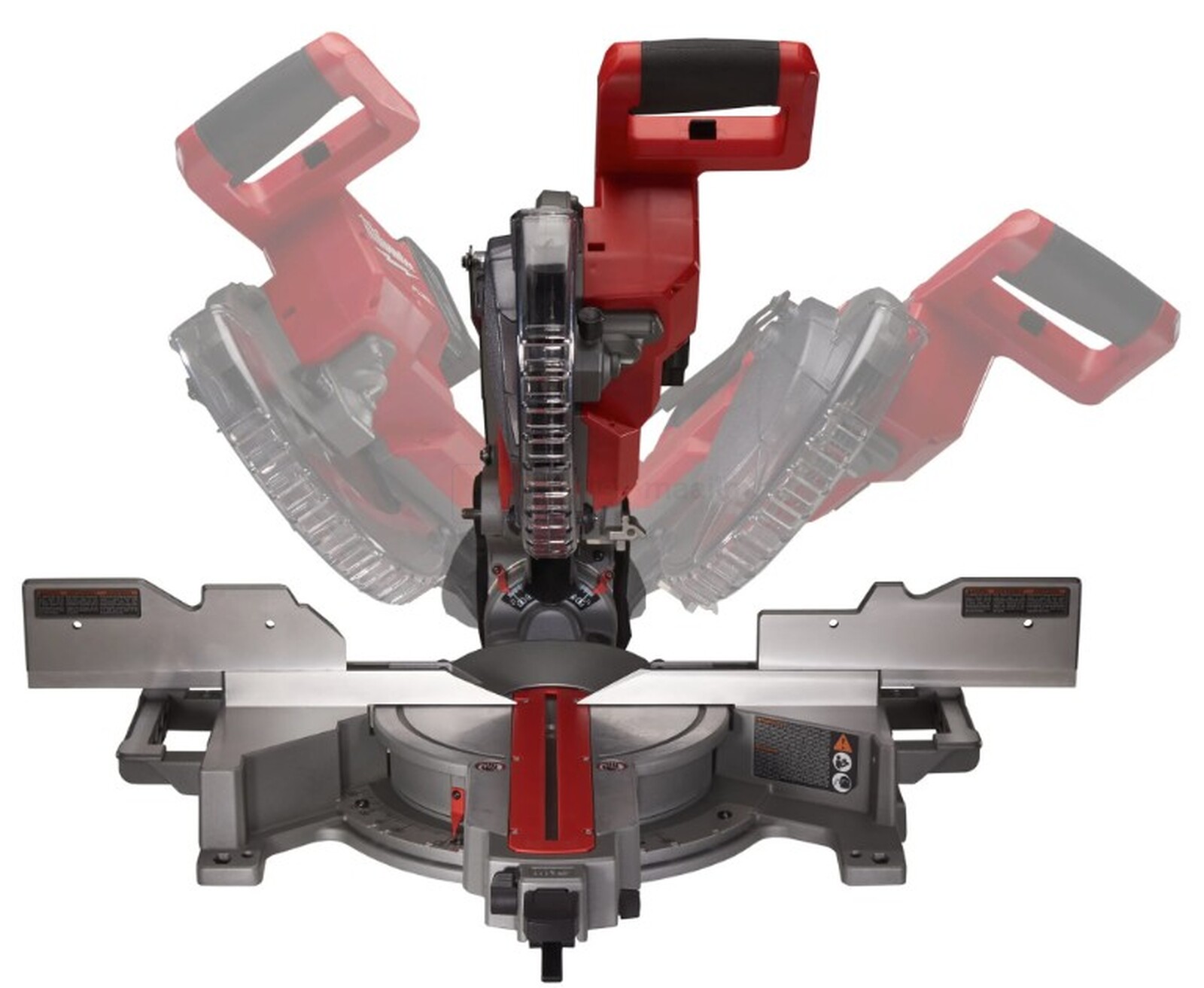 Pildil on näha Milwaukee M18 FMS254 akutoitega miiusaepink, mille saeketas on erinevate nurkade all.