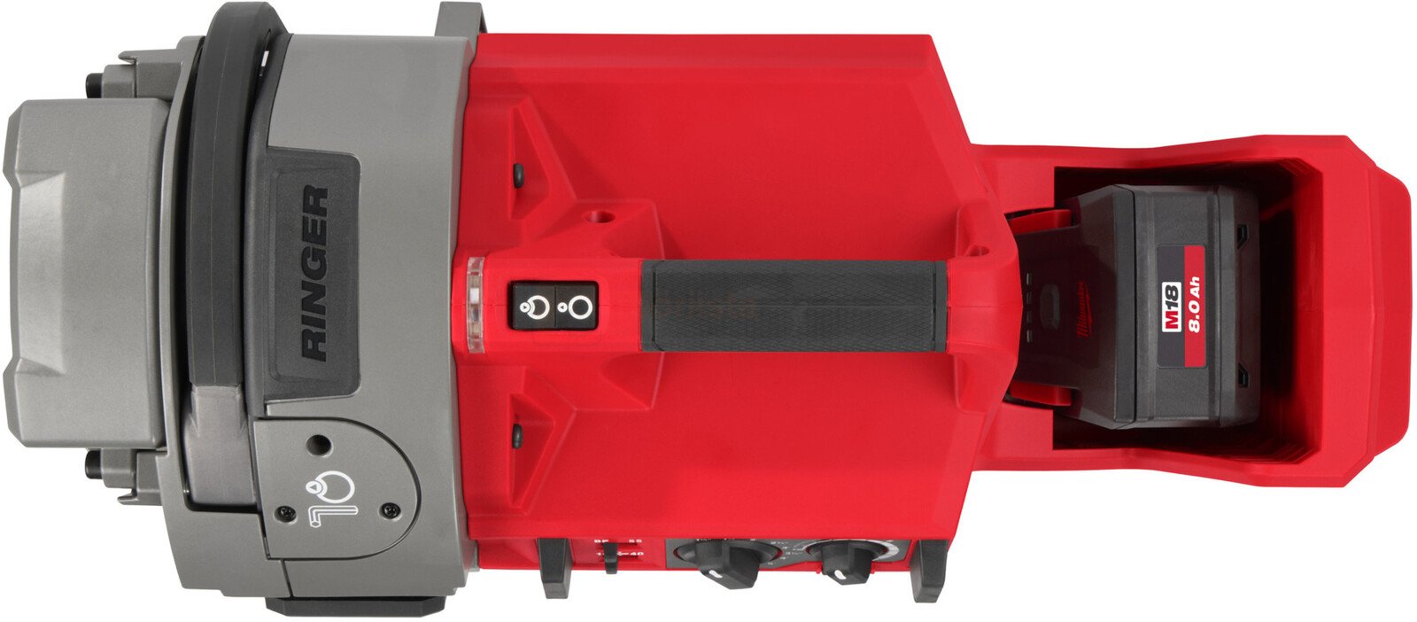 Pildil on Milwaukee akutoitel toruvaltsija M18 FRGRO114-0C, millel on näha punane korpus, hall valtsimispea ja aku.