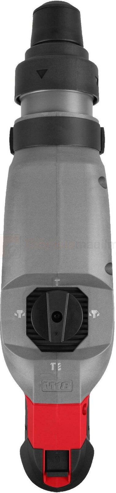 Pildil on ülaltvaates Milwaukee akupuurvasar M18 FHACO745-0C, millel on hall korpus, mustad detailid ja punane akuosa.