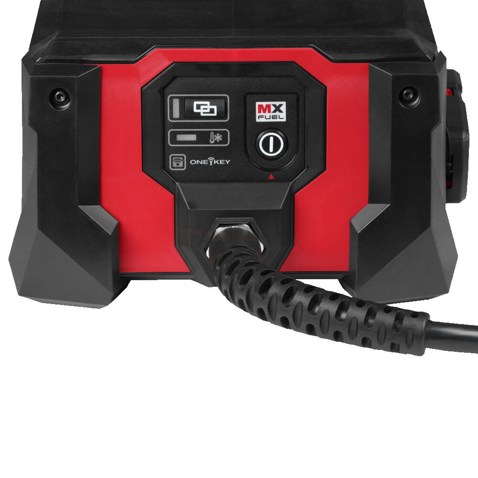 Pildil on Milwaukee akubetoonivibraatori MXF CVHF-0 laadija, millel on ekraan ja toitejuhe.