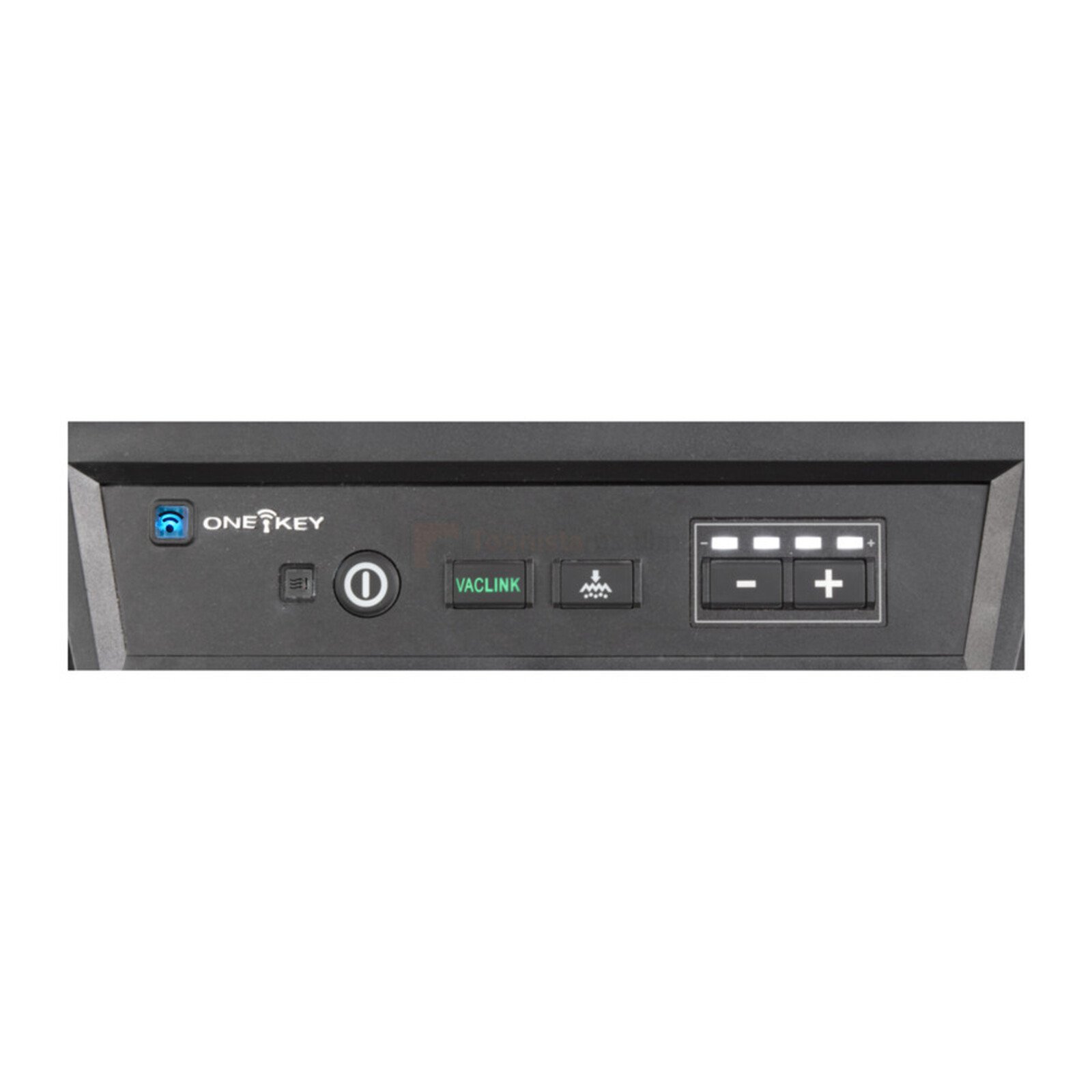 Pildil on Milwaukee aku- ja võrgutoitel tolmuimeja M18 ONEF2VC34M-0 esipaneel, millel on One-Key logo, juhtnupud ja aku...