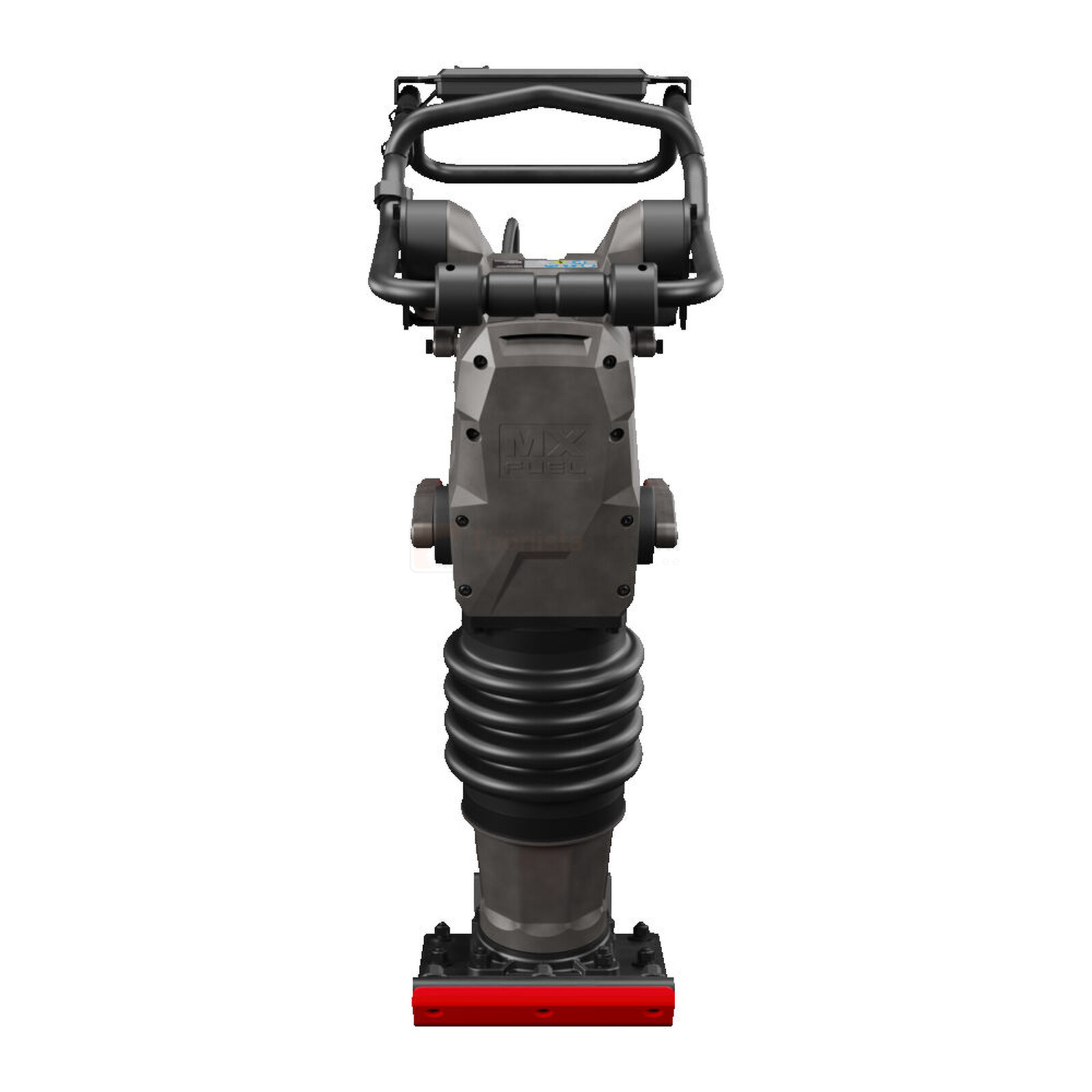 Pildil on Milwaukee akutoitel vibroplaat, millel on must korpus, käepide ja punane põhi.