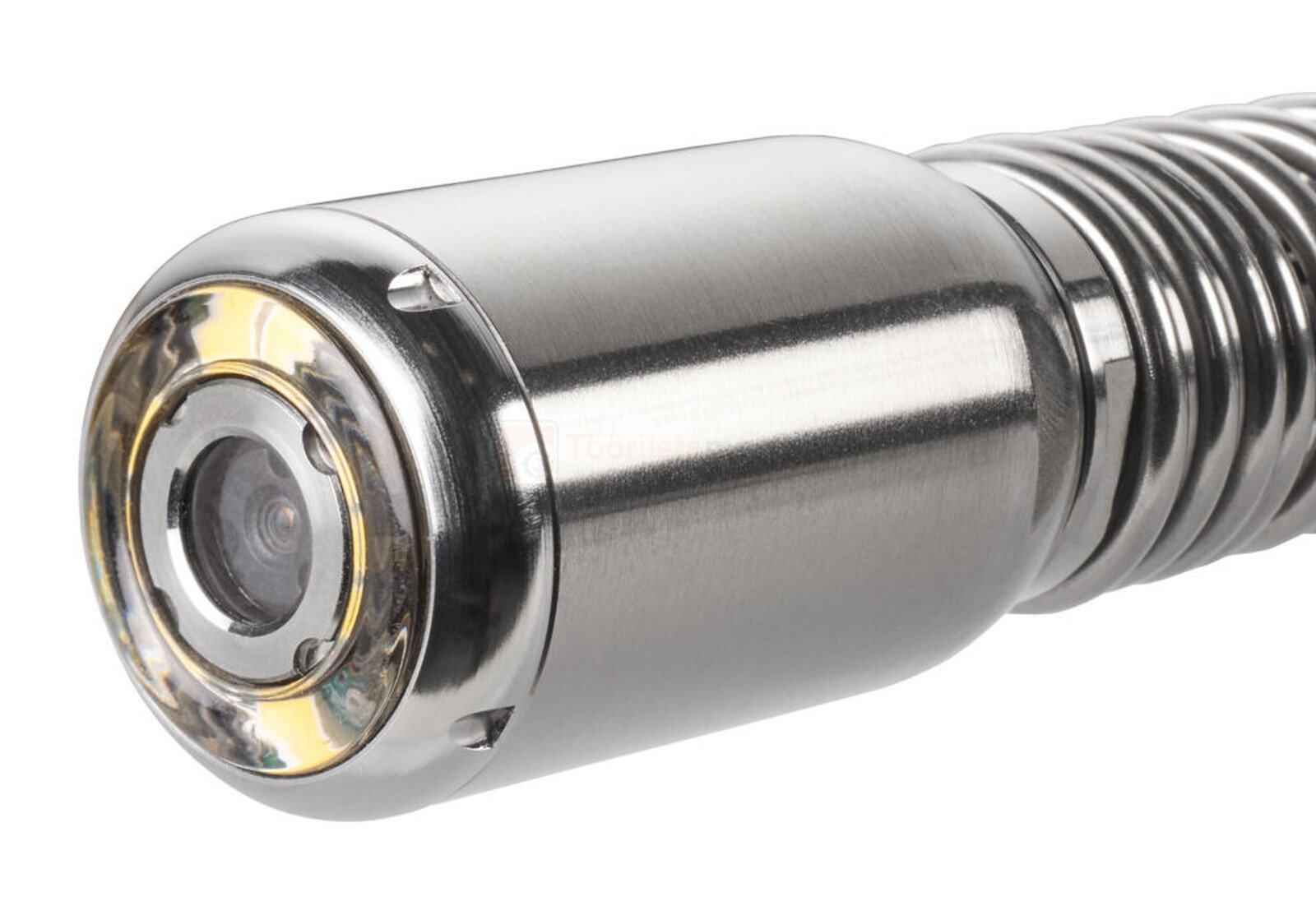 Pildil on Milwaukee kontrollkaamera M12 SICO26-0 pea, millel on näha kaamera objektiiv ja valgustus.