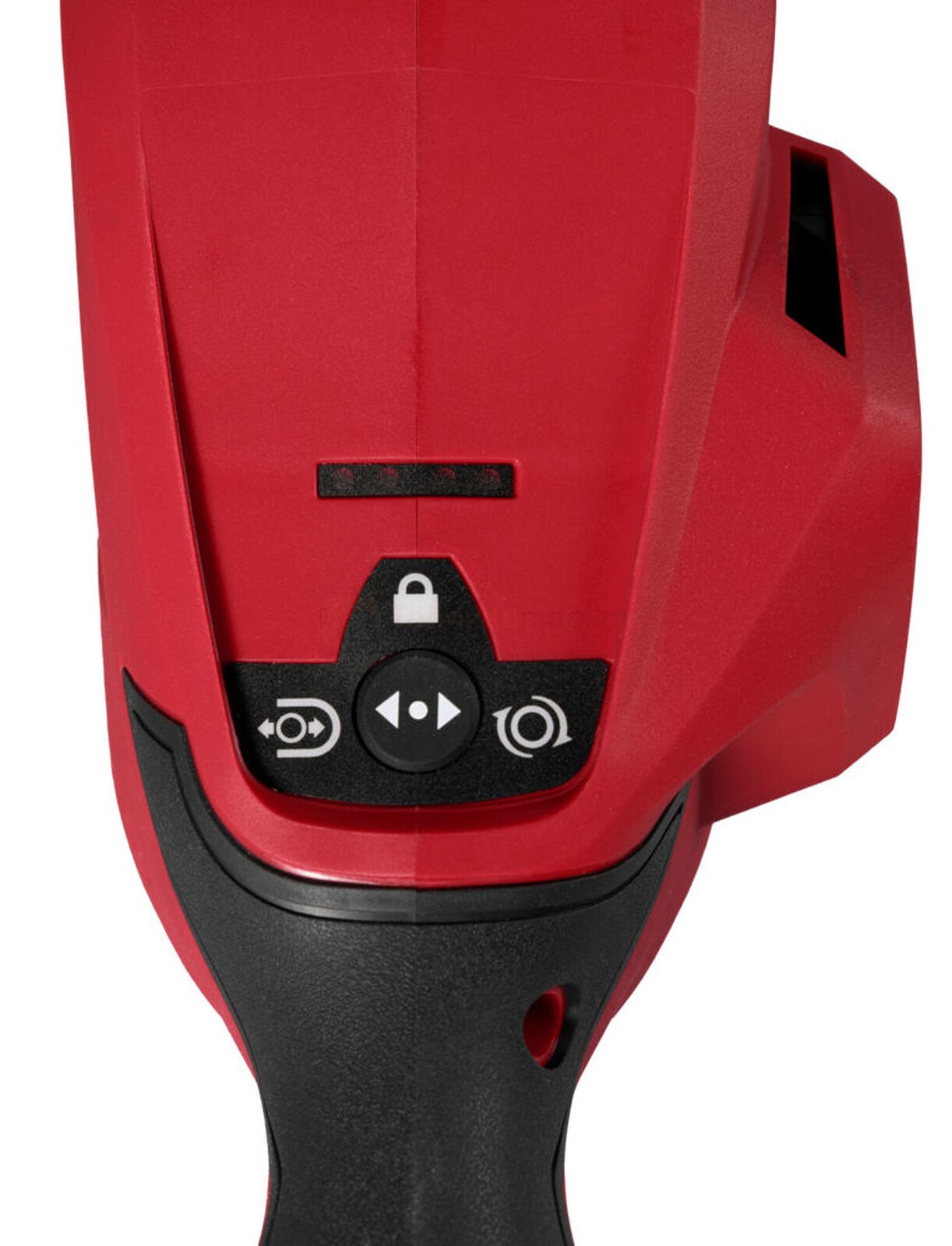 Pildil on Milwaukee akutoitel torulõikuri M12 PCSS54-402C käepide, millel on juhtnupud ja lukustusnupp.