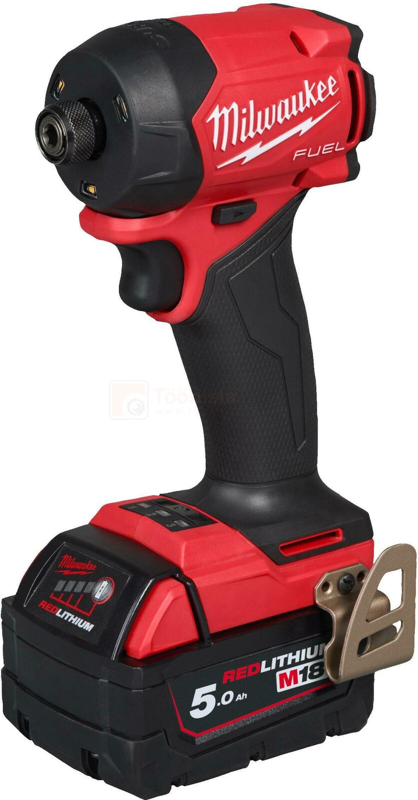 Pildil on Milwaukee M18 FIDRQ-502X hüdrauliline löökkruvikeeraja koos akuga ja vööklambriga.