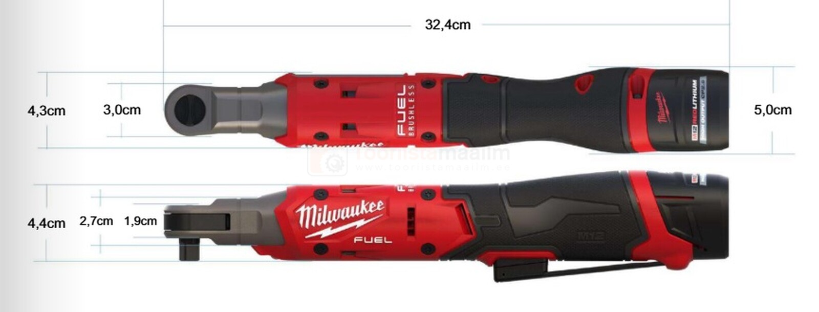 Pildil on Milwaukee akunarre M12 FIR38G2-252B, mis on näidatud nii ülalt kui ka küljelt, koos mõõtmetega.