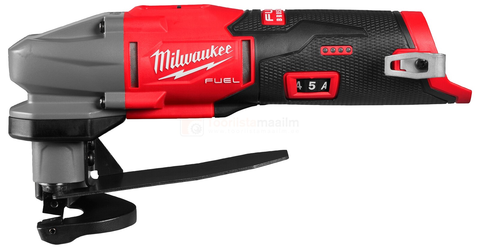 Pildil on näha punane ja hall Milwaukee M12 FUEL akutoitel plekilõikur, millel on reguleeritav lõiketang.