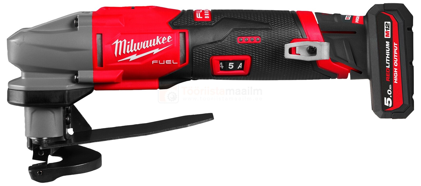 Pildil on näha Milwaukee FUEL M12 akuplekilõikur, mida iseloomustab punane ja hall korpus ning aku.