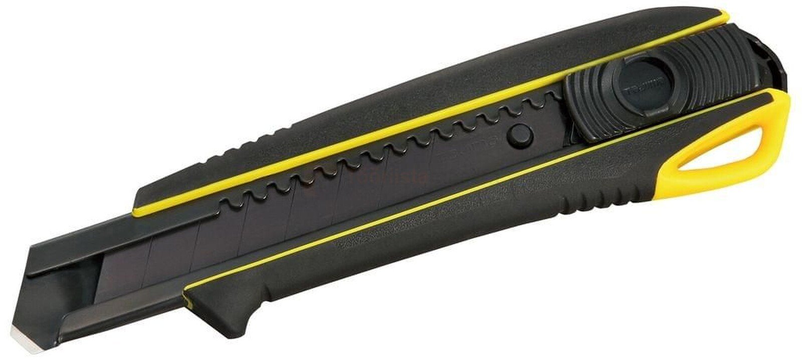 Pildil on Tajima murtava teraga nuga, millel on must kummikattega käepide, kollased detailid ja kiirlukustus.