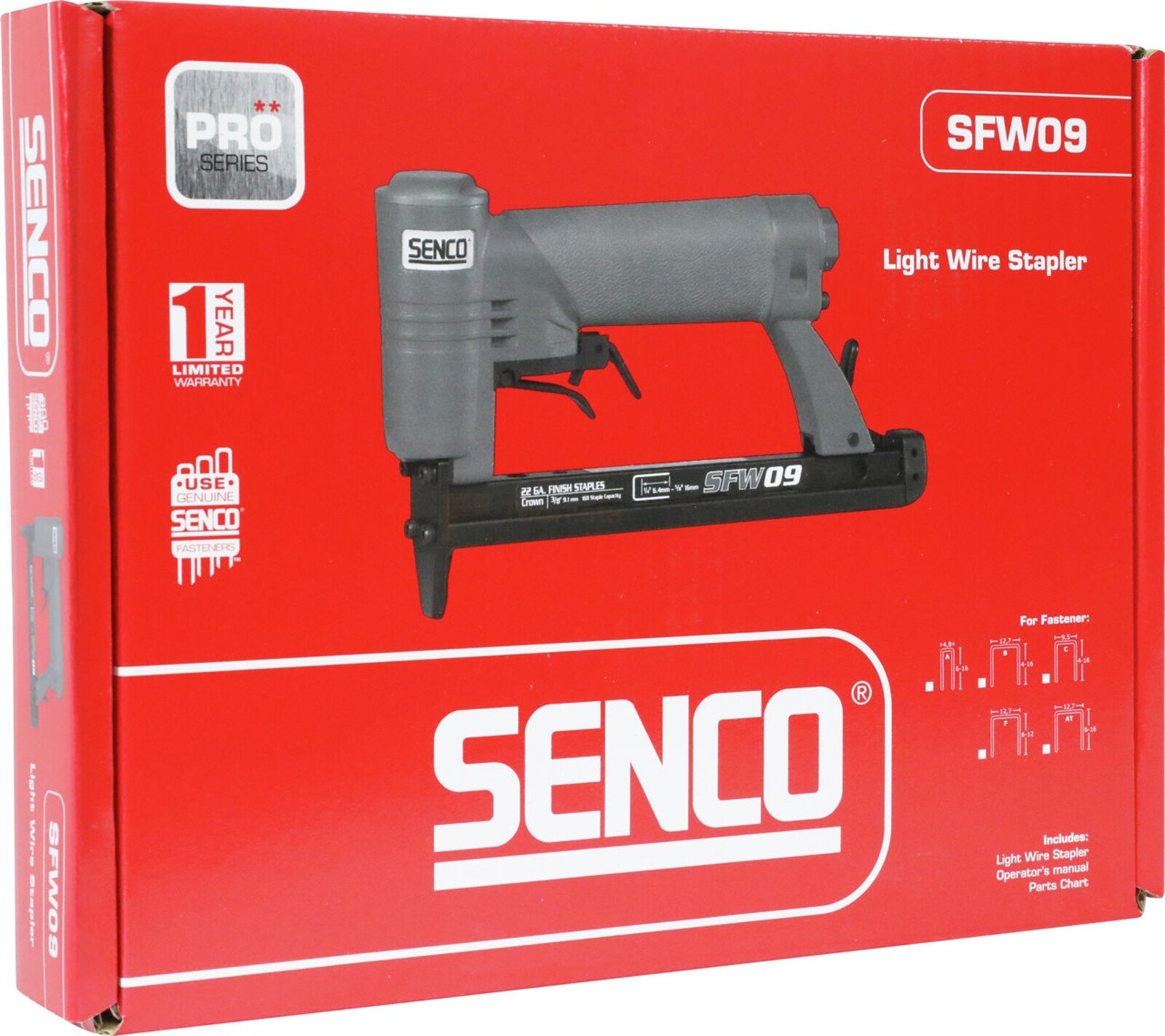 Pildil on SENCO SFW09-C kerge traatklambripüstoli karp, millel on näha toote pilt.