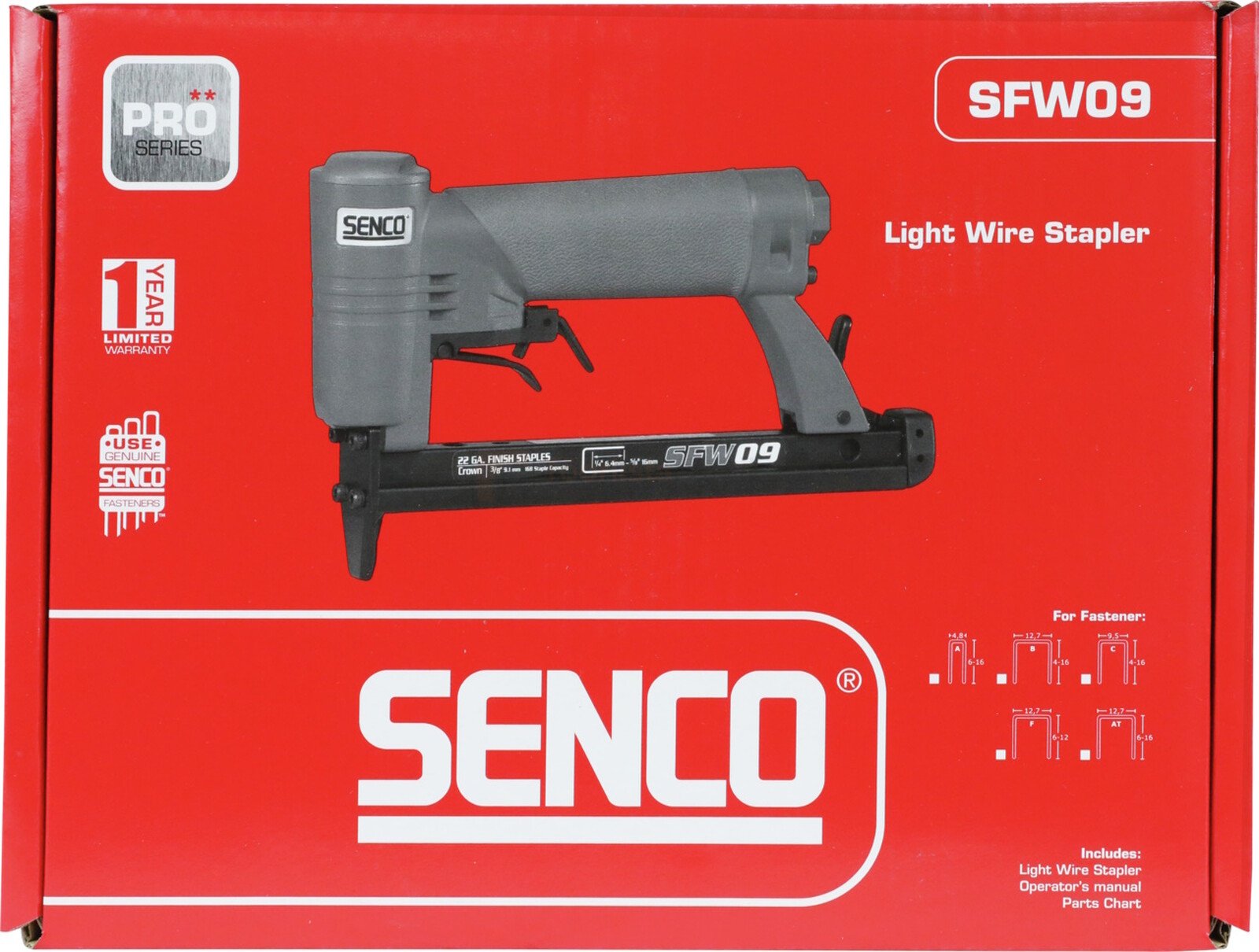 Pildil on SENCO SFW09-F klambripüstoli karp, millel on kujutatud tööriista ennast.