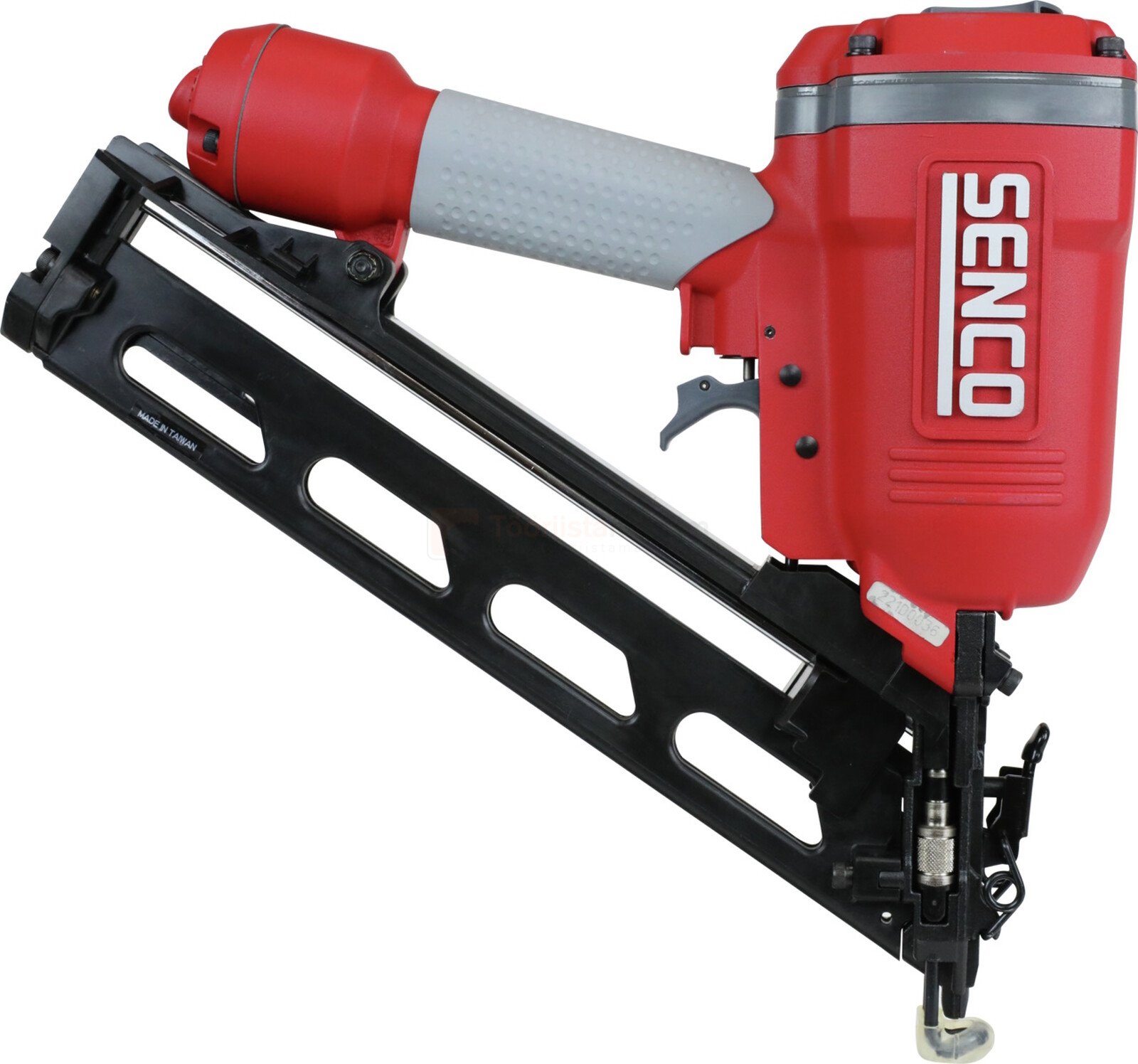 Pildil on punane SENCO FinishPro42XP liistunaelapüstol, millel on musta värvi salv ja hall käepide.