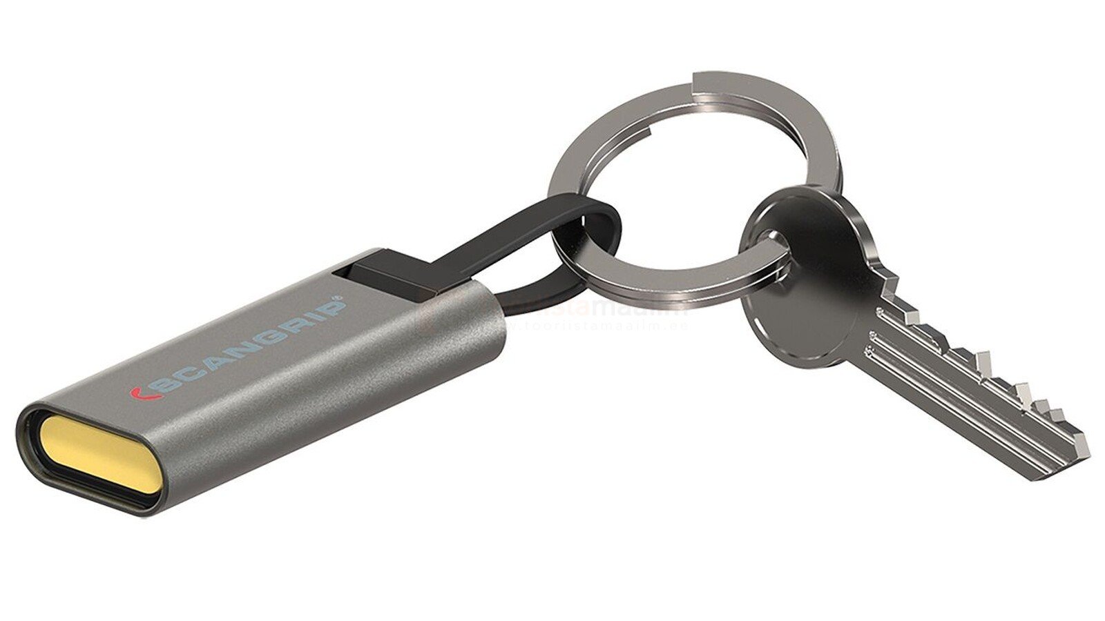 Pildil on võtmehoidja külge kinnitatud SCANGRIP FLASH MICRO R võtmehoidja-valgusti, mille kõrval on võti.