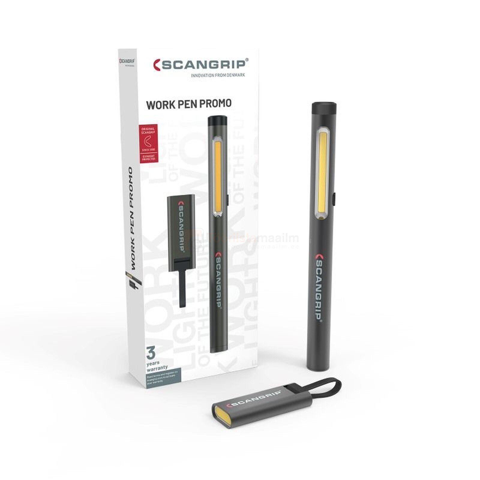 Pildil on näha SCANGRIP WORK PEN PROMO komplekt, mis sisaldab taskulampi ja võtmehoidja-valgustit.
